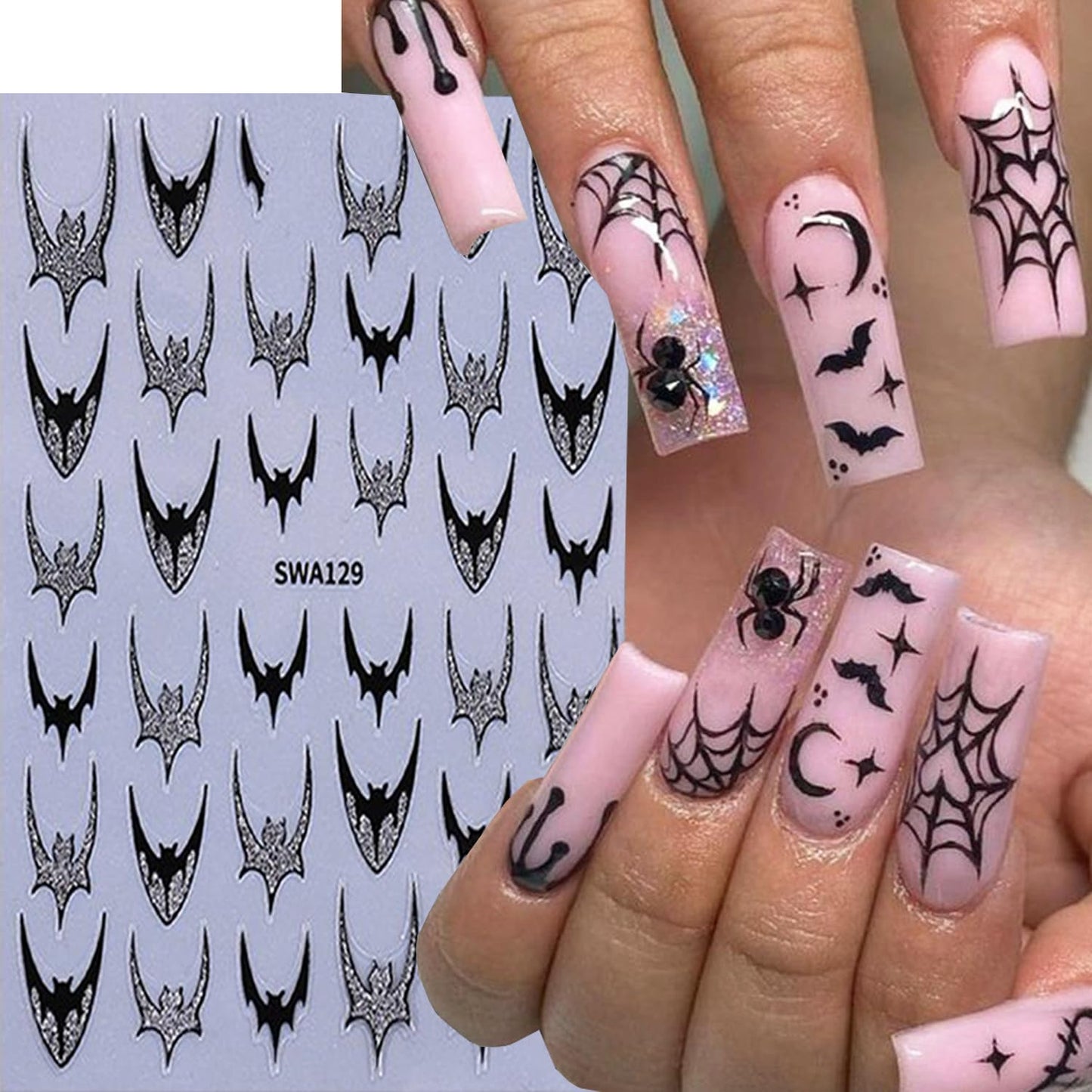 CJDLTS 6 Sheets Halloween Nail Art Stickers 3D Self -Adhesive Bat Nail Decals Holographic Hot Stamping Gold Silver Bat Nail Stickers Halloween French Nail Decoration for Women Manicure Supplies