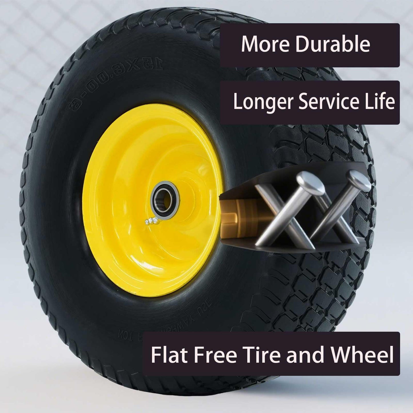 15x6.00-6 Lawn Mower Tires Flat Free,15x6x6 Tire and Wheel, 3" Centered Hub, 3/4" & 5/8" Bearings and 1" bushings, 500lbs Capacity, Compatible with Riding Mowers, Lawn Tractor Tire (2 Pack)