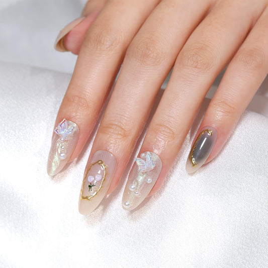 Goolich Medium Almond Chrome Gold Line Press On Nails, 3D Bead Butterfly Charms Decoration Nails Press ons Set with Adhesive Tabs, 24 Pcs 12 Size Reusable Full Cover Glue on Nails for Women