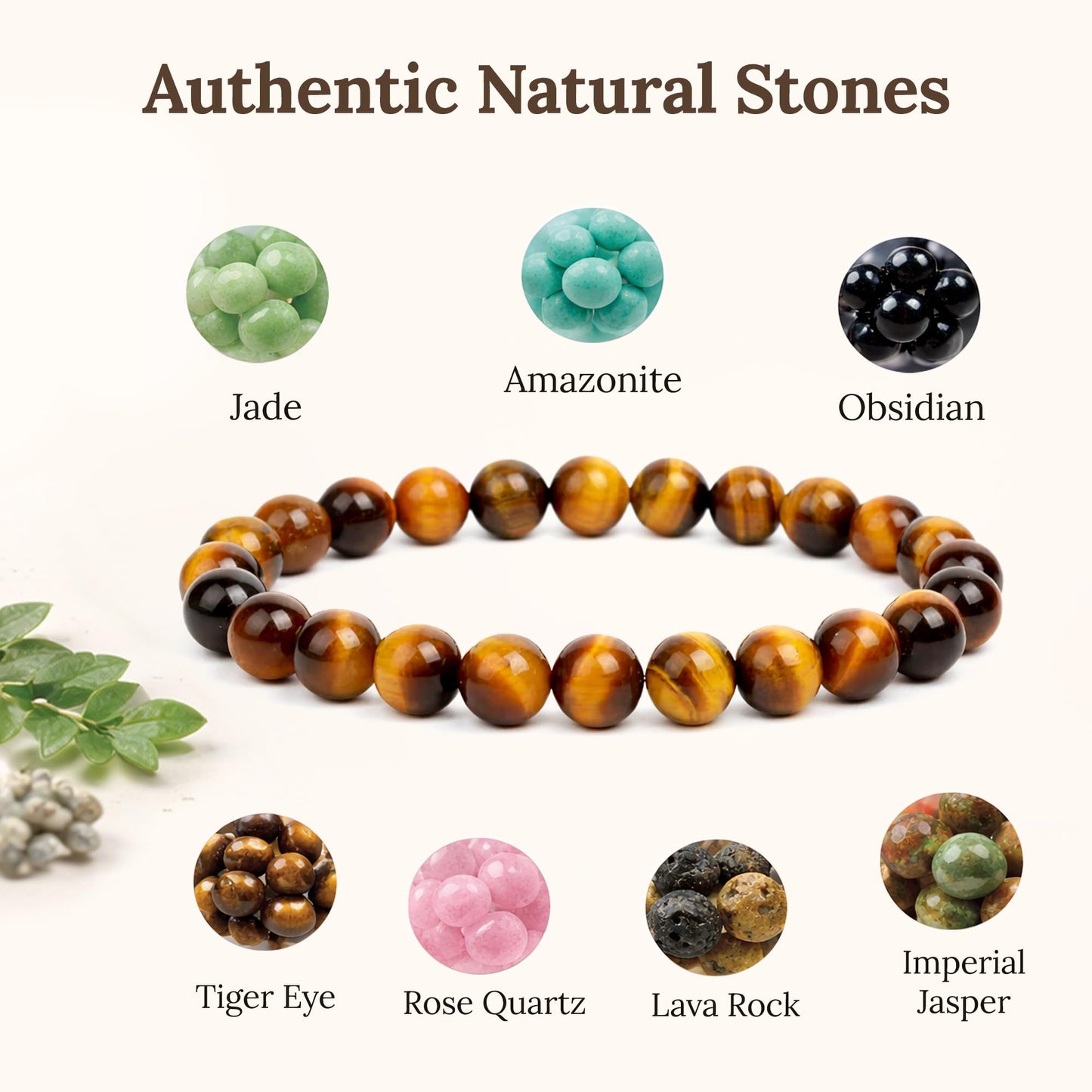 Elm City Direct 8mm Natural Stone Beaded Bracelet – Unisex Crystal Stretch Bracelets for Men & Women, Chakra & Healing Jewelry, Gift-Ready Beaded Bracelets (Tigers Eye, 8mm)