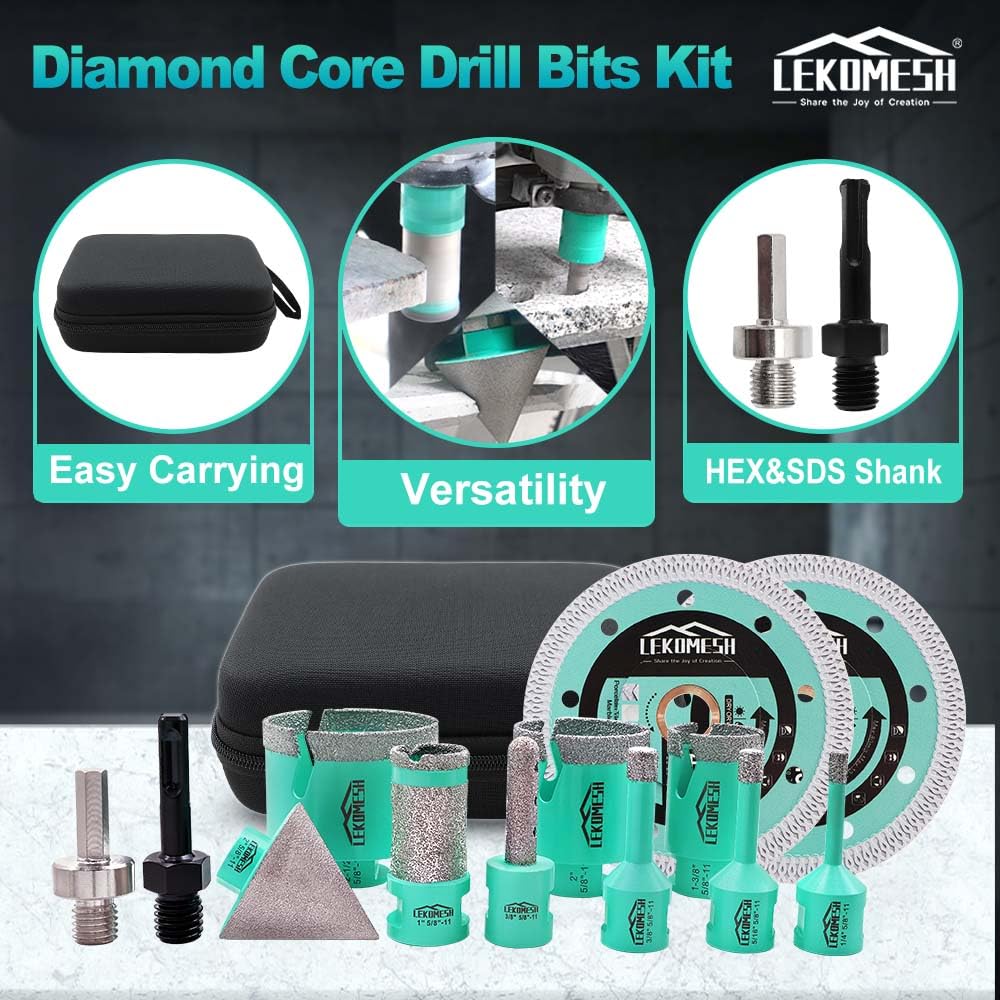 LEKOMESH Tile Hole Saw Kit for Porcelain - (6/8/10/35/50/65mm+Finger Bit+Drilling Milling +Chamfer Bit+Adapter+Tile Blade) Diamond Drill Bits for Ceramic Marble Brick Granite,5/8"-11 Thread