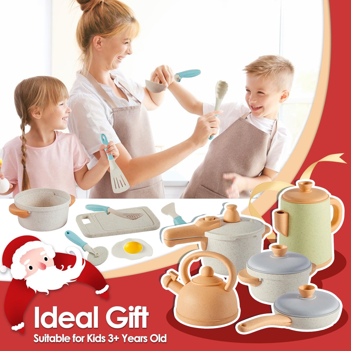 BUYGER Kids Play Kitchen Pots and Pans Set, Pretend Play Cooking Cookware Accessories Toys Utensils Playset for Toddlers Boys Girls Ages 3-5+ Years Old