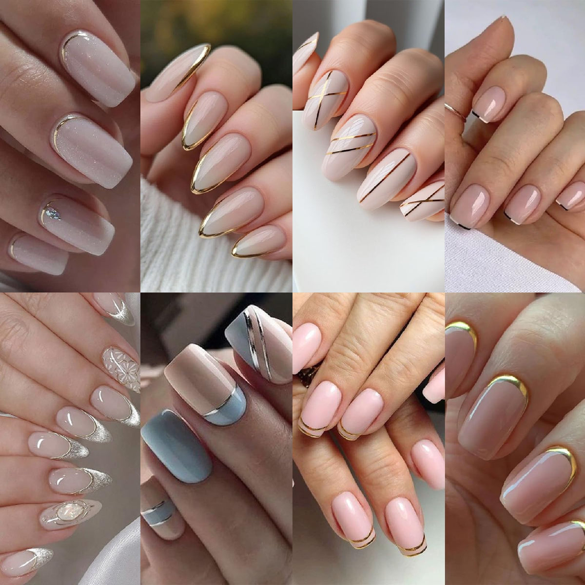 6 Sheets Lines French Tip Nail Art Stickers Gold Silver French Line Nail Decals 3D self-Adhesion Curve Lines Design French Nail Art Supplies for Women DIY Manicure Decoration