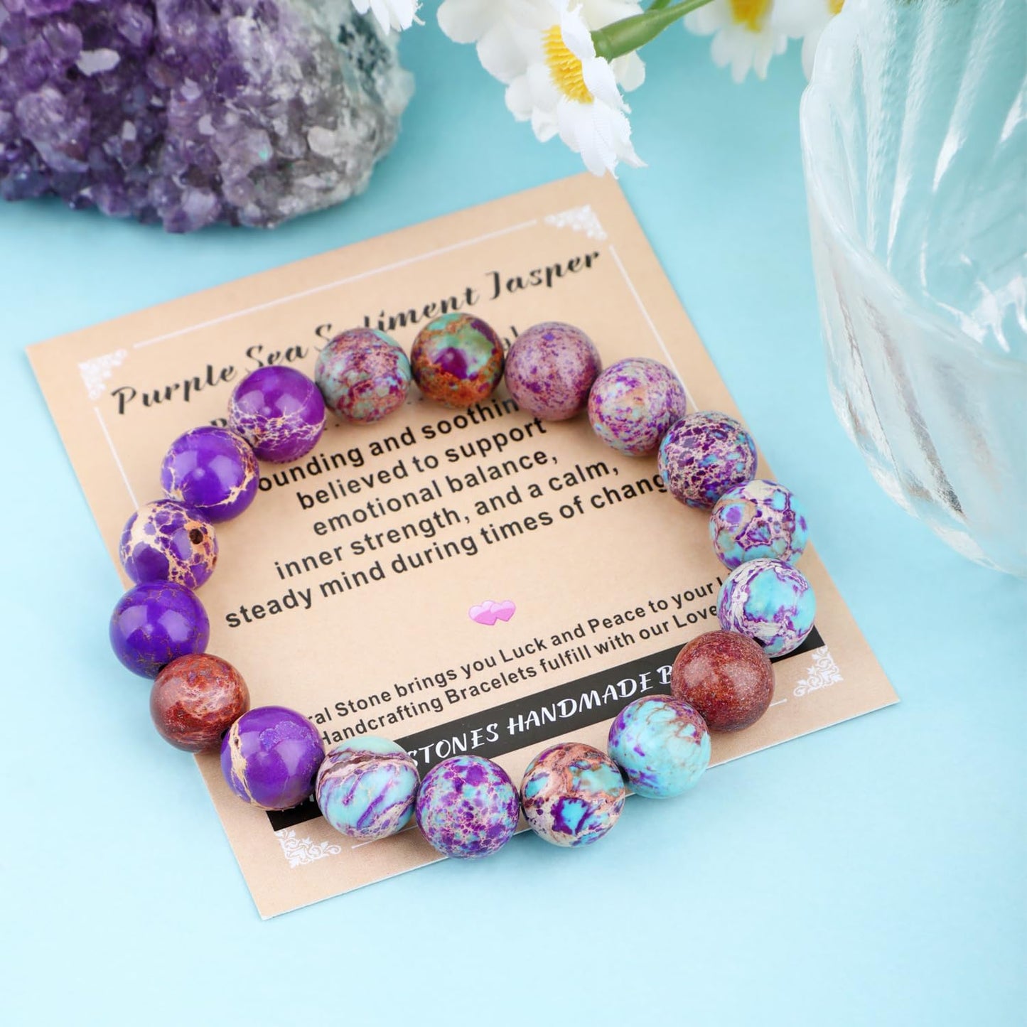 AD Beads 8mm Handmade Purple Sea Sediment Imperial Jasper Elastic Bracelet – Natural Gemstone for Joy & Positivity – Meditation, Yoga, Healing and Energy Gift for Men Women