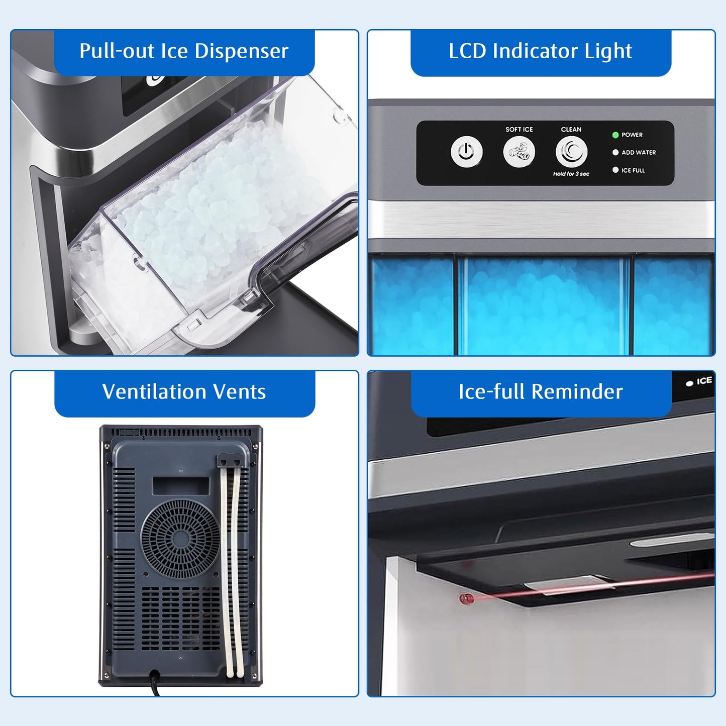 MOMOKOVA Nugget Ice Maker Countertop for Chewable Ice, 41lbs/24H Portable Pellet Ice Machine with One-Click Operation Self-Cleaning for Home, Kitchen, Bar, Office, Party (Silver)