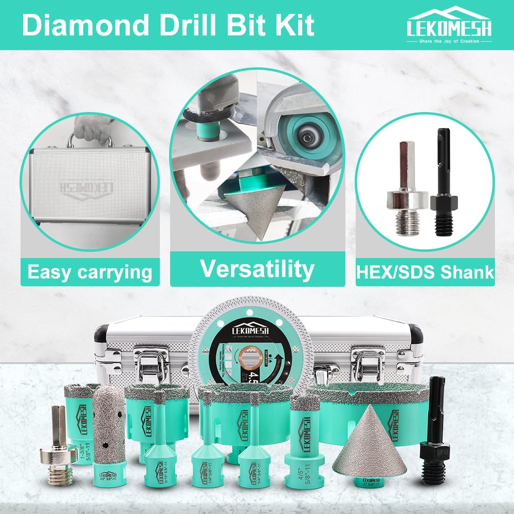 LEKOMESH Tile Hole Saw Kit - (6/6/8/20/35/50/75/100mm+20mm Finger Bit+50mm Chamfer Bit+SDS/HEX Adapter) and 4.5 Inch Diamond Saw Blade Cutting Disc Wheel