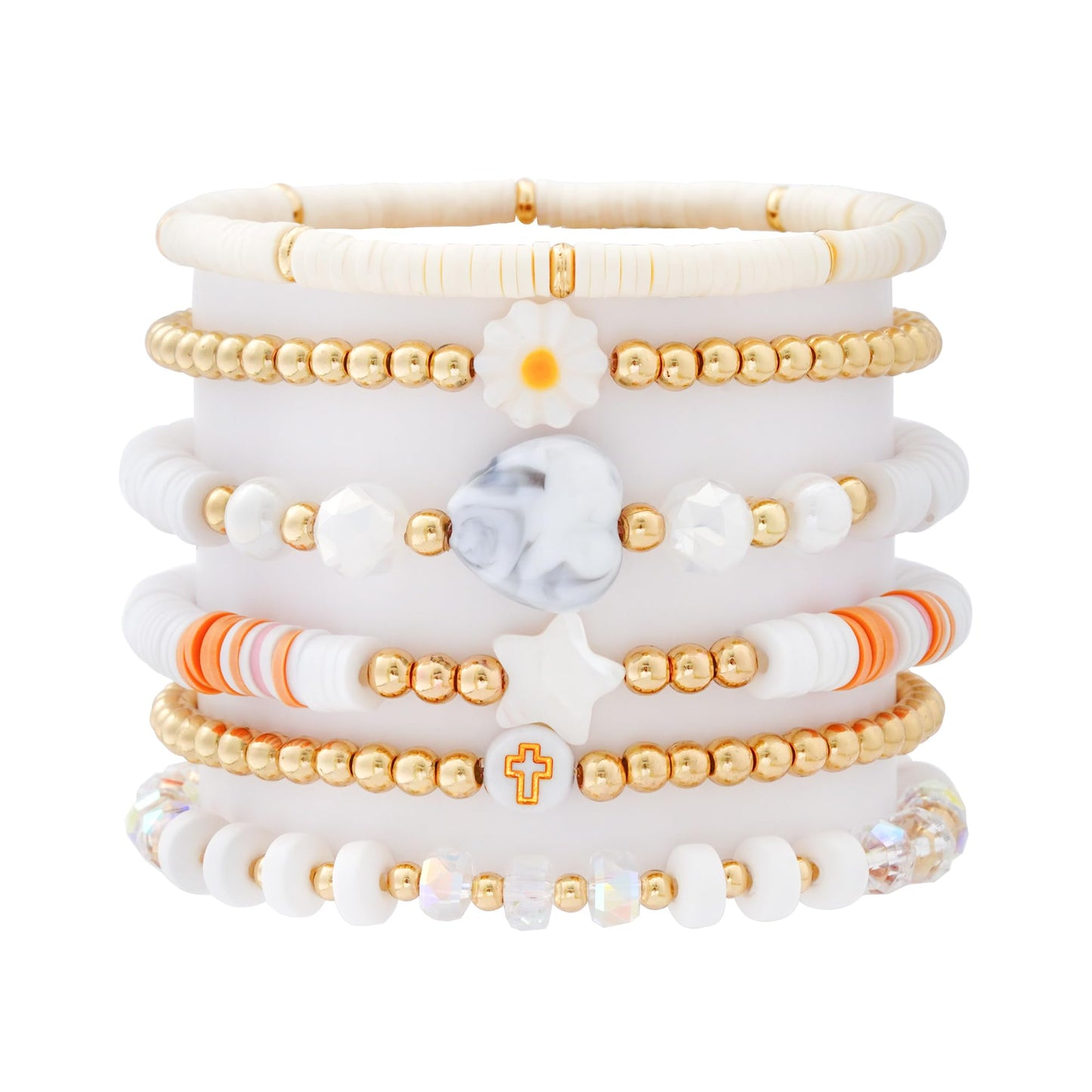 RISHEGAE Heishi Beaded Stretch Bracelets for Women Stackable Gold Polymer Clay Beads Bracelet Friendship Boho Summer Beach Bracelets Jewelry Set (D-Star Cross)