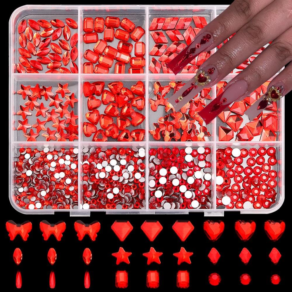 Red Nail Gems Big Glass Red Nail Charms AB Crystal Flatback Nail Jewels 3D Multi Shape Size Stones Diamonds Nail Rhinestones Clear Round Beads Gems for Nails Faces Eyes Makeup Crafts 12Grid
