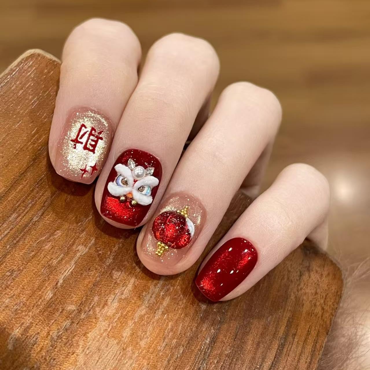 plalely Square Press on Nails Short Red Fake Nail Cute 3D Chinese Lion and LanternforChinese New Year Acrylic Nail Press ons Best WishesStick on Nail for Women 24pcs
