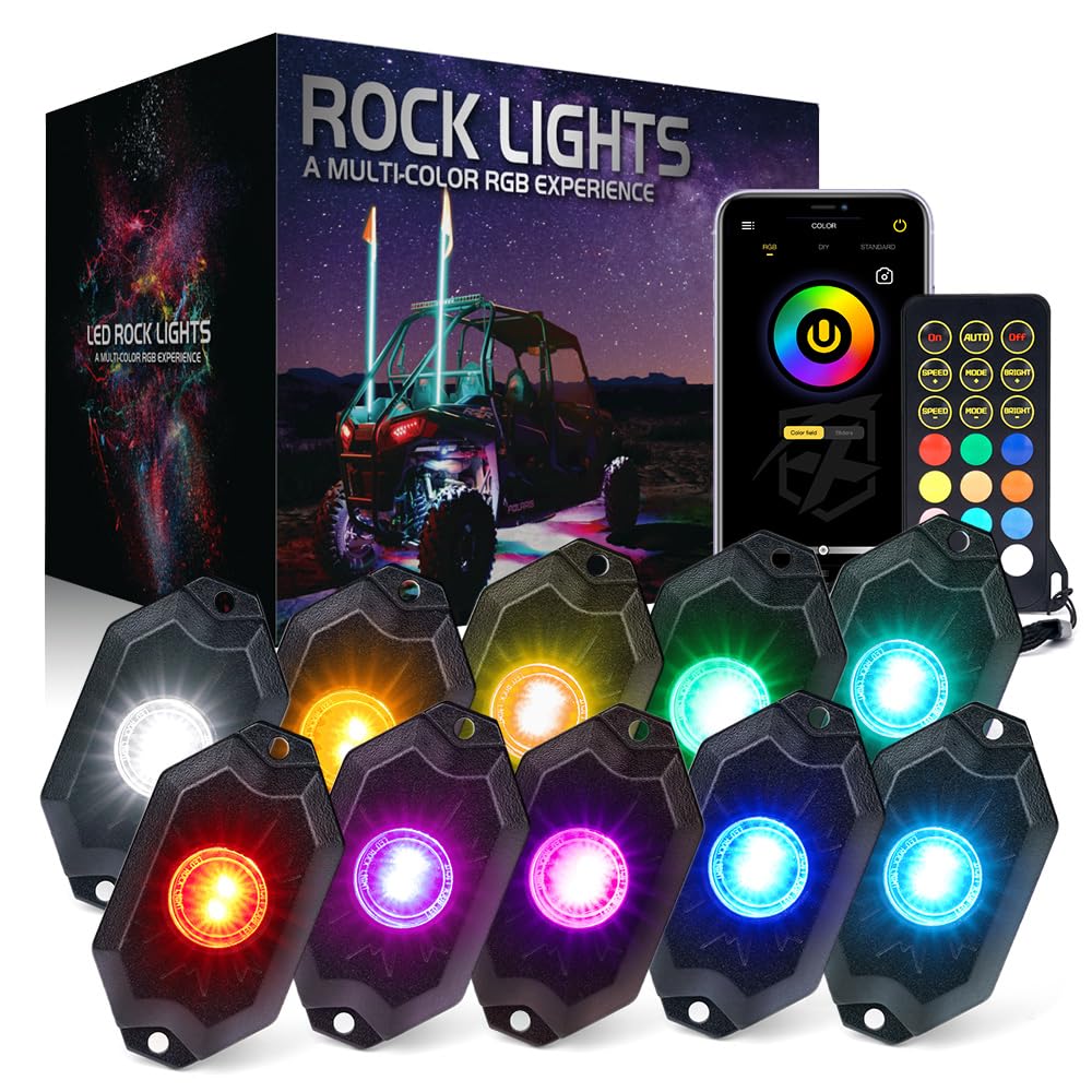 Xprite RGBW LED Rock Lights Kit with Bluetooth & Wireless Remote Controller, Multicolor Cars Underglow, Wheel, Footwell Neon Light Kits, for Off-Road UTV ATV Trucks SUV Motorcycle Boats - 10 Pods