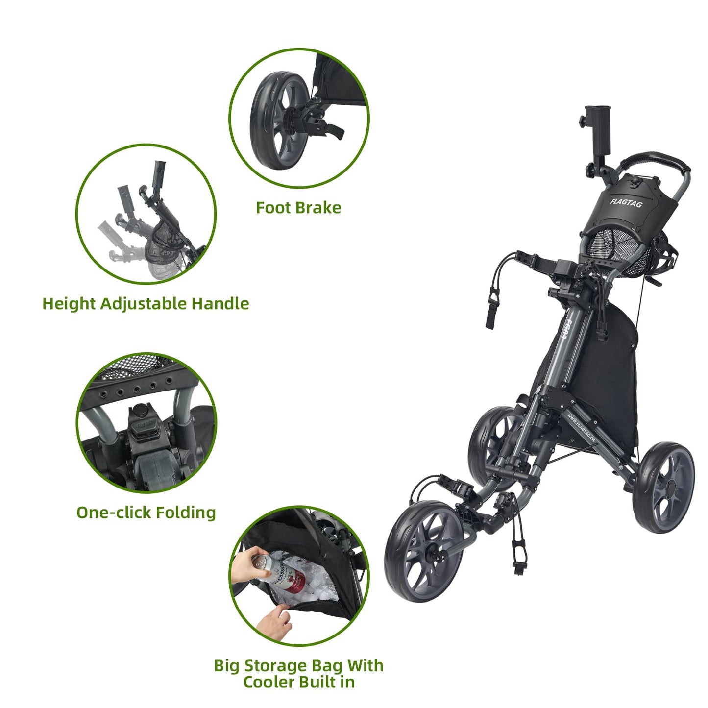 FLAGTAG Golf Push Cart 3 Wheel,Foldable Golf Push Cart,Golf Bag Cart with Foot Brake,Umbrella Holder, Cup Holder, Storage Compartment