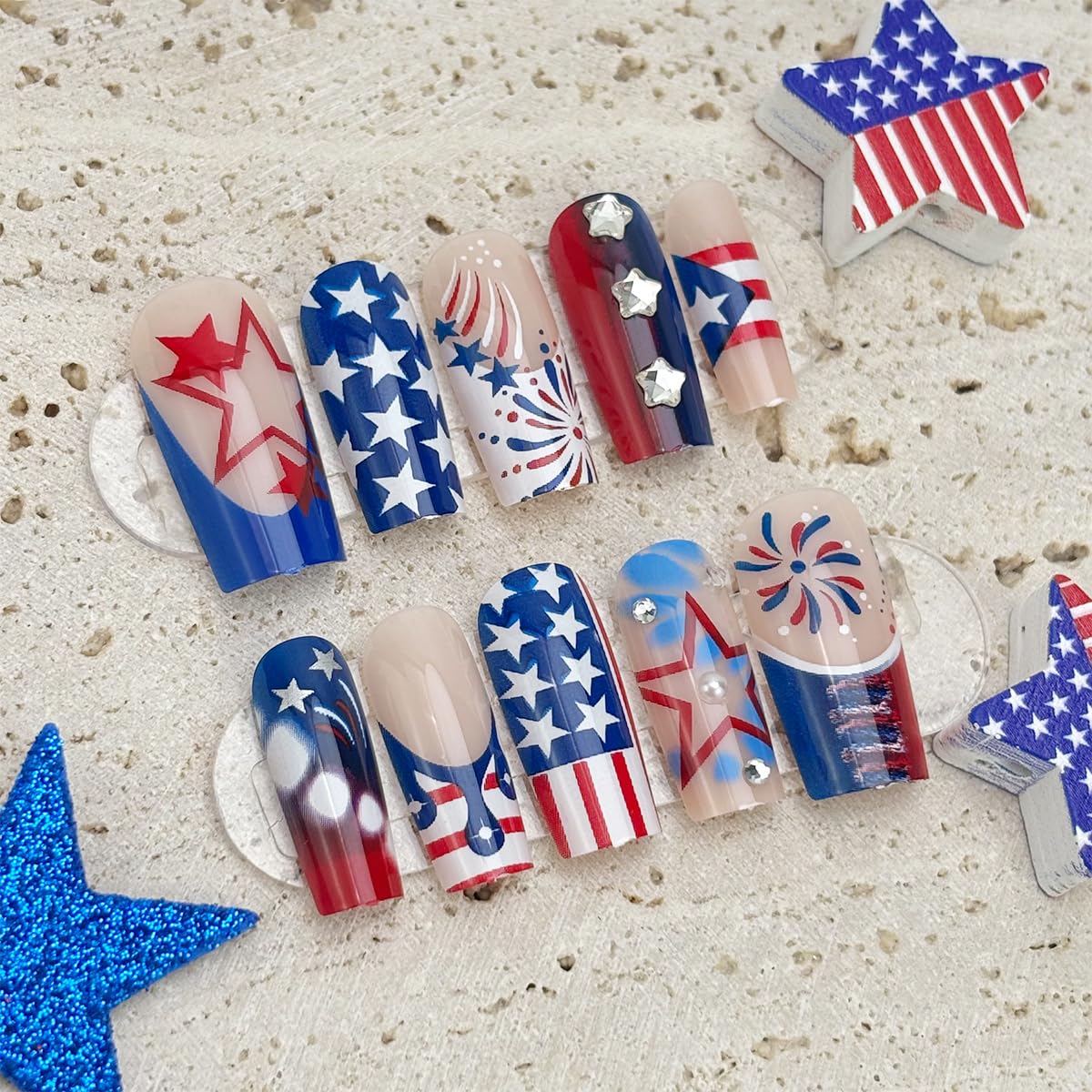 24Pcs 4th of July Press on Nails Medium Square French Tip Fake Nails with Star Rhinestone Design Independence Day False Nails Patriotic Flag Star Glue on Nails for Women Holiday Acrylic Nails