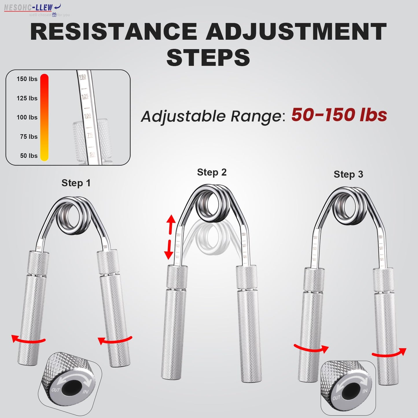 Adjustable Hand Grip Strength Trainer, Full Aluminum Alloy Handle, Grip Strength Adjustable Range 50-150 lbs