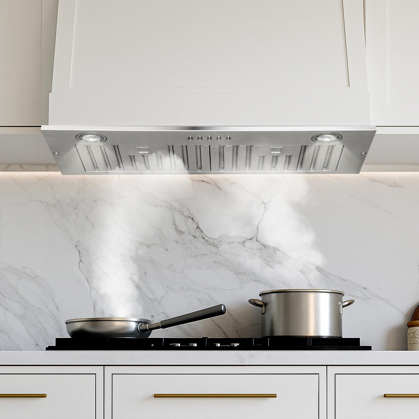 HomeBeyond 28-inch Insert/Built-in Range Hood 600 CFM Stainless Steel Kitchen Chimney Vent 1 Blower 3 Speed Button Control with LED Lights
