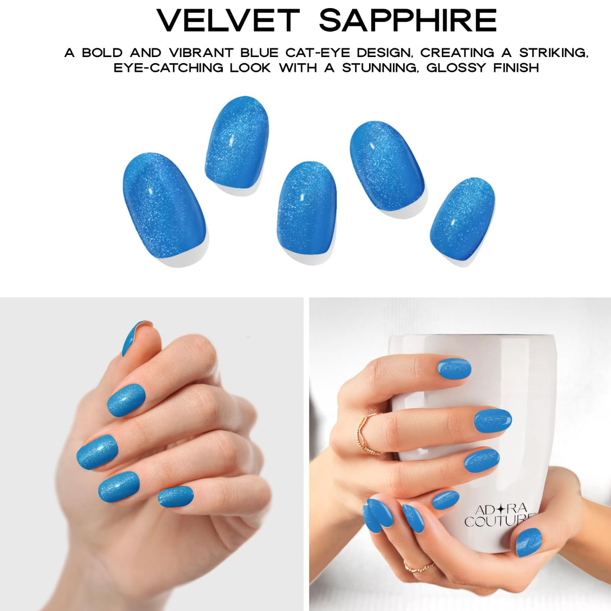 Adora Couture Semi Cured Gel Nail Strips with 20 Pieces - UV Gel Stickers, Manicure Kit, Easy Application Wraps Includes Prep Pads, Nail File, Wooden Stick - UV Light Required (Velvet Sapphire)