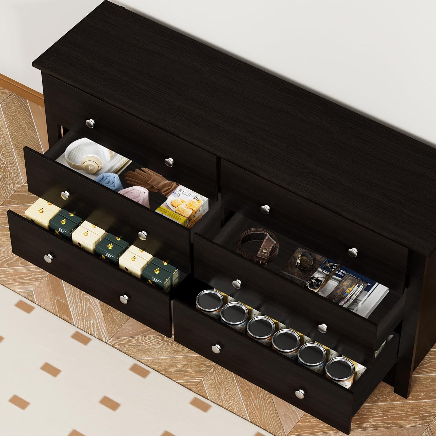 YESHOMY Black Dresser for Bedroom with 6 Drawers, 58" Wide Modern Chest of Drawers, Wooden Dresser, Storage Organizer for Living Room, Hallway