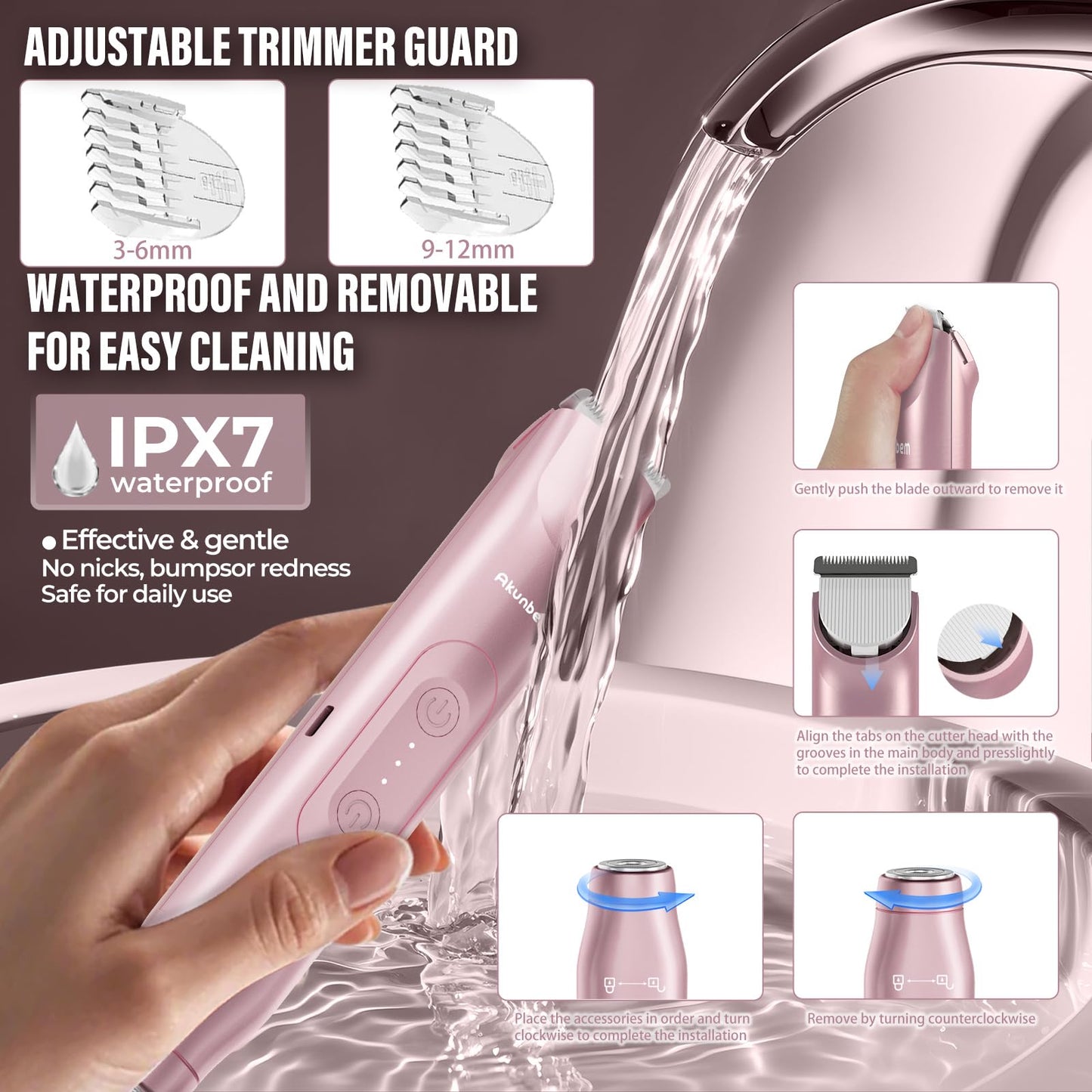 Akunbem Bikini Trimmer for Women - 2 in 1 Electric Razors for Women - Dual Head Electric Shaver - IPX7 Waterproof Wet & Dry Use Body Hair Trimmer and Facial Hair Remover for Bikini Underarm Leg Arm
