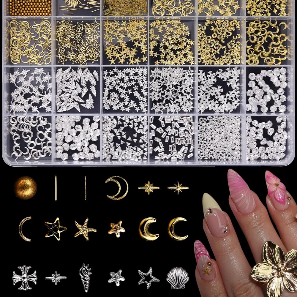 Gold Silver Nail Charms 3D Alloy Flower Nail Gems Metal Moon Star Nail Jewels Ocean Beach Starfish Seashell Gold Beads Nail Art Supplies with Tweezer for Women DIY Acrylic Nail 24 Grids 1 Box