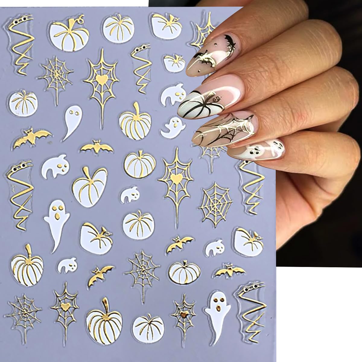 Halloween 5D Embossed Gold Spider Web Nail Art Stickers Cute Ghost Nail Art Decals Self-Adhesive Pumpkin Nail Decals Star Bat Nail Stickers Holiday Nail Supplies for Women Acrylic Nails 6 Sheets