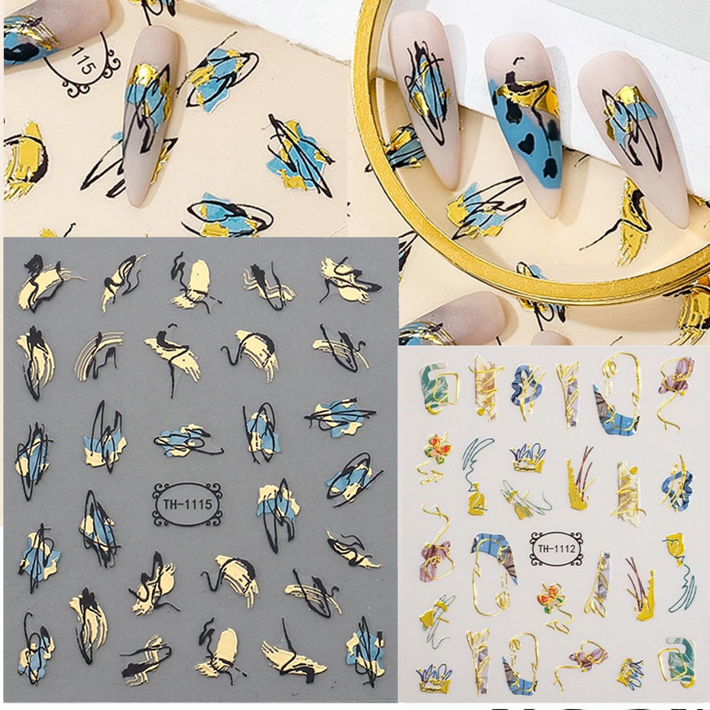 12 Sheets Graffiti Nail Art Stickers 3D White Black Gold Stripe Line Nail Decals Self-Adhesive Abstract Marble Wave Flower Leaf Stickers for Nail DIY Decoration Nail Accessories for Women French Nail