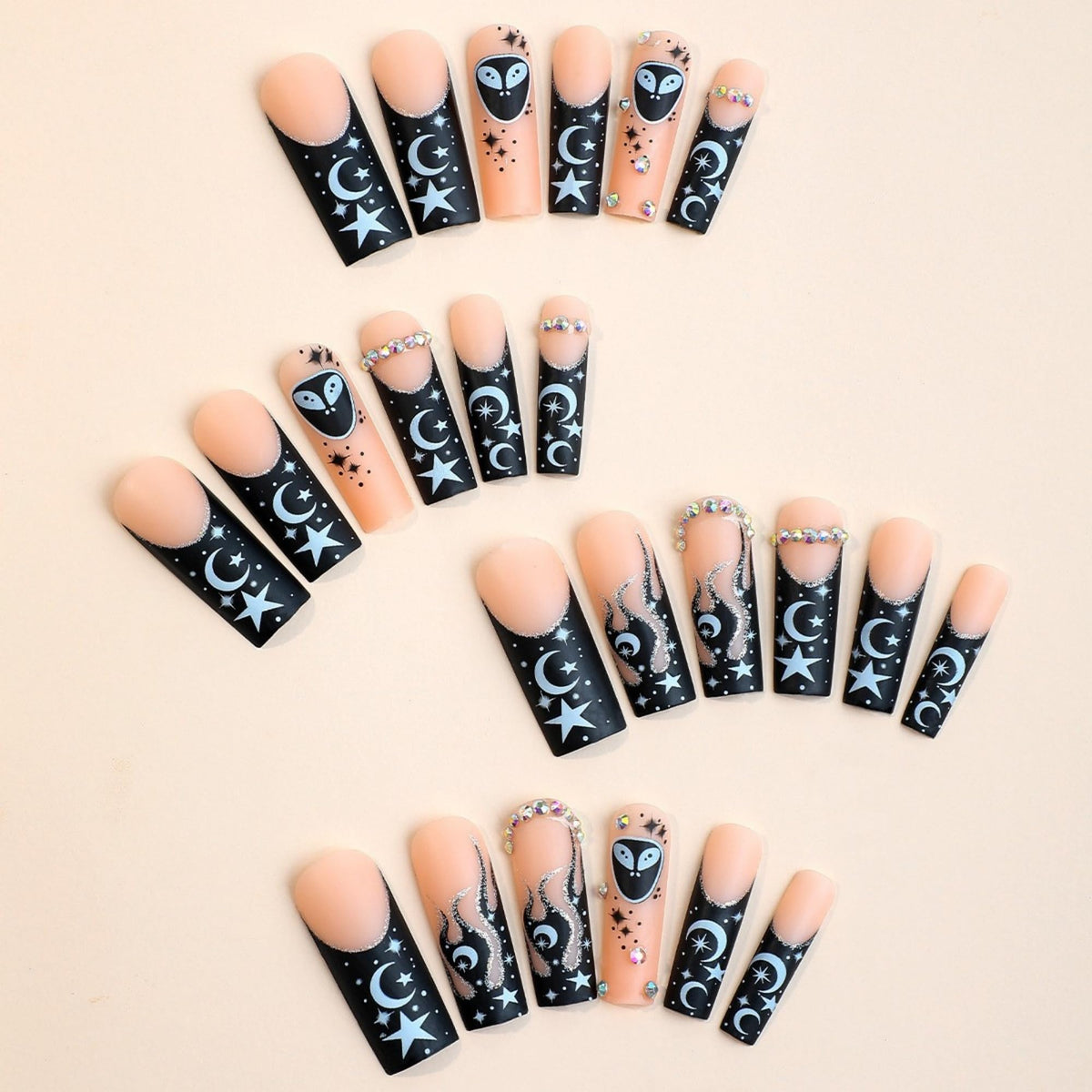 Halloween Press on Nails Extra Long Square Black French Stick on Nail 24pcs
