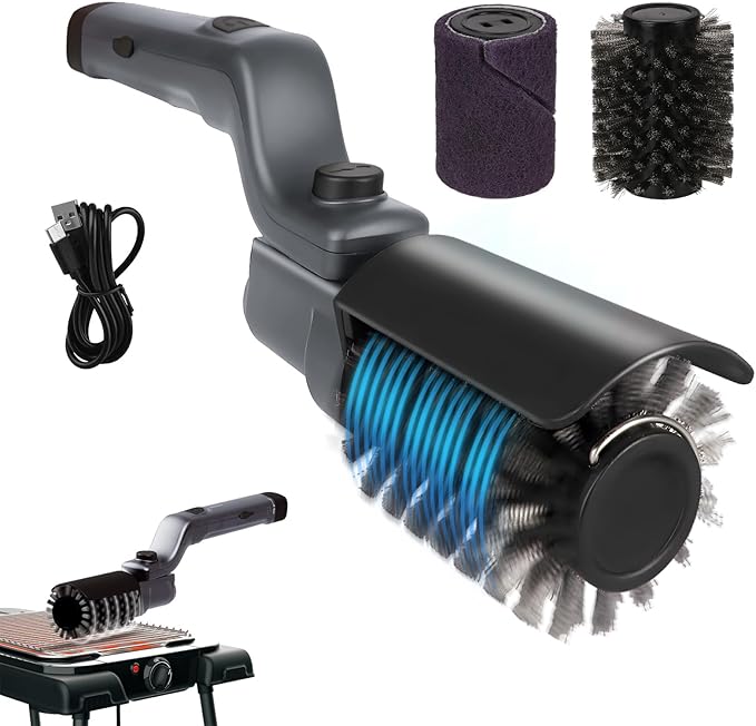 Upgraded Electric Grill Brush, Cordless Rechargeable Grill Cleaning Brush with Adjustable Angle, Stainless Steel Brush Head, 3-Speed Power, 90-Min Runtime, Waterproof Cleaner for BBQ Grates (Gray)