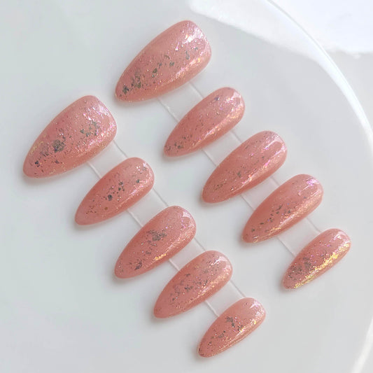Gleamrain Almond Medium Handmade Press on Nails Nude for Women, Handcrafted Glitter Design Reusable Full Cover Fake Nail for Daily Wear Party Birthday D317