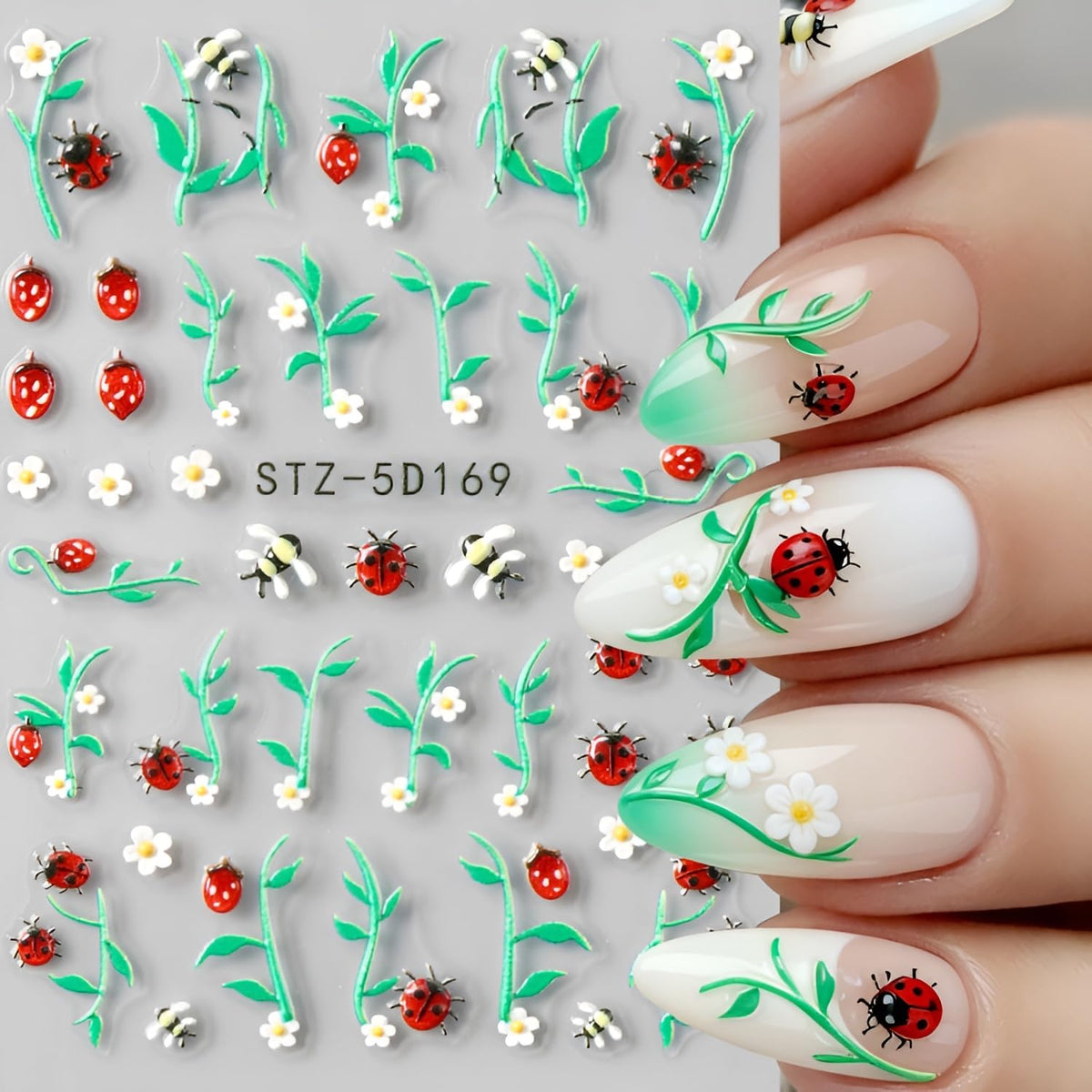 Spirng Nail Stickers for Nail Art 5D Embossed Cute Ladybug Nail Decals Flower Nail Art Stickers Strawberry Leaf Nail Design Summer Nail Art Supplies for Women Girls 2 Sheets