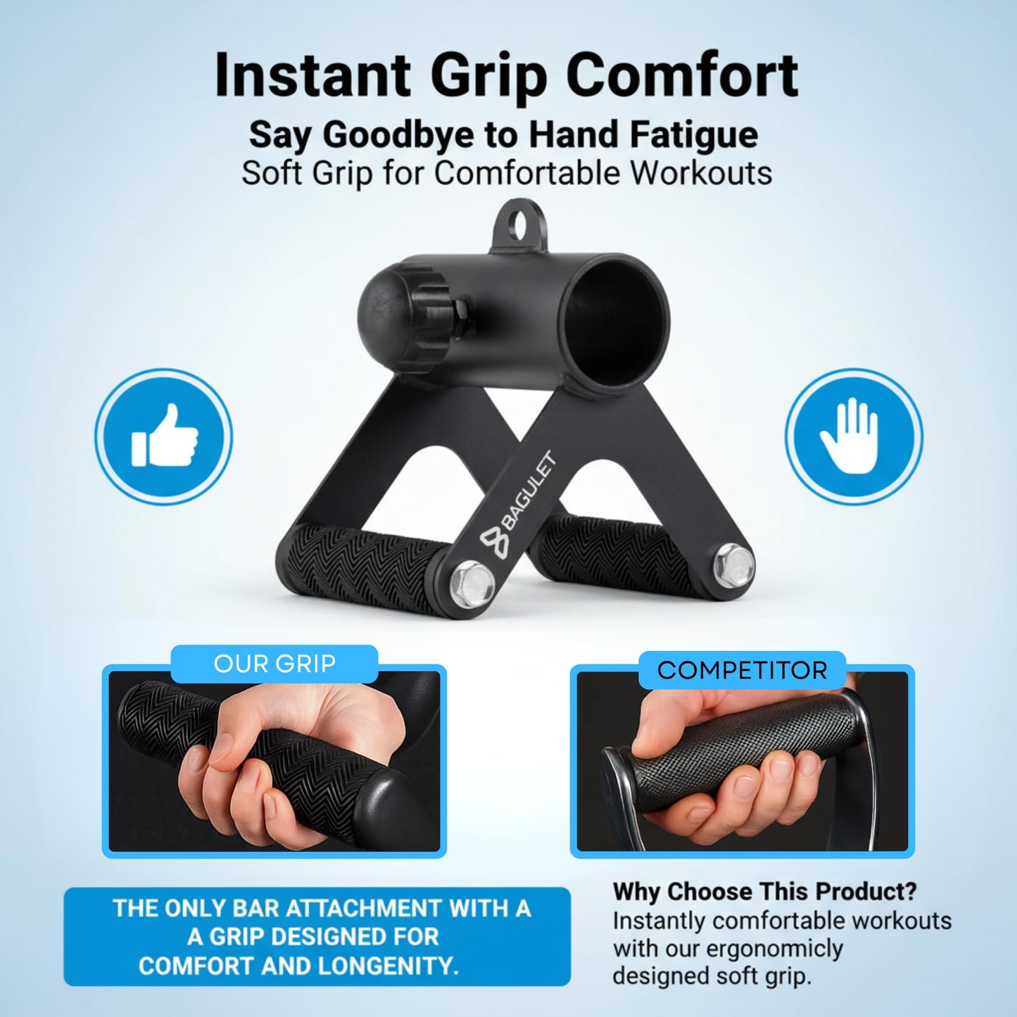 Bagulet V Bar Attachment: Row Machine, LAT Pulldown, Landmine Handle, Soft Grip, Black, Home Gym Fitness Equipment, Includes Cooling Towel, Versatile Steel Design, Fits 2" Olympic Bars"