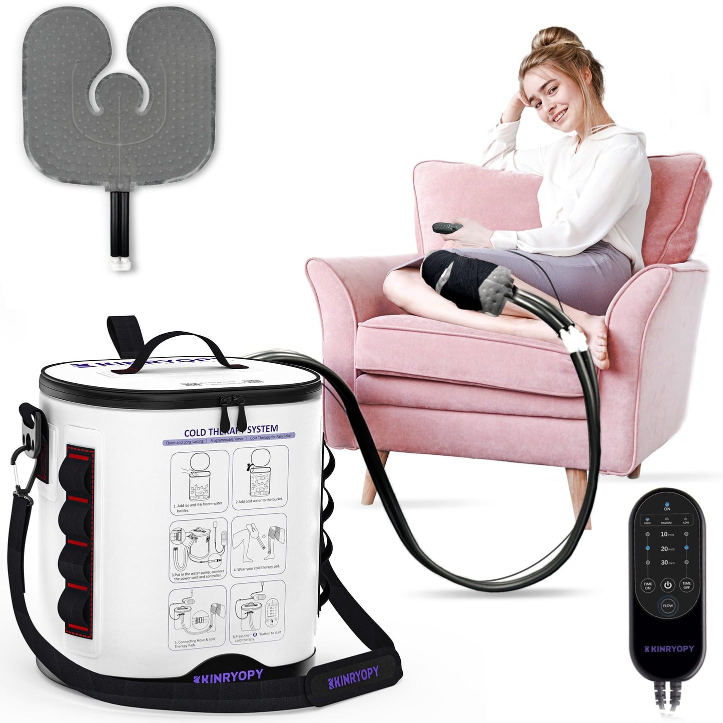 Cold Therapy Machine with Programmable Timer, Portable Ice Machine for Knee After Surgery, Knee Replacement Recovery System, Cryotherapy Pain Relief w/Compression Pad