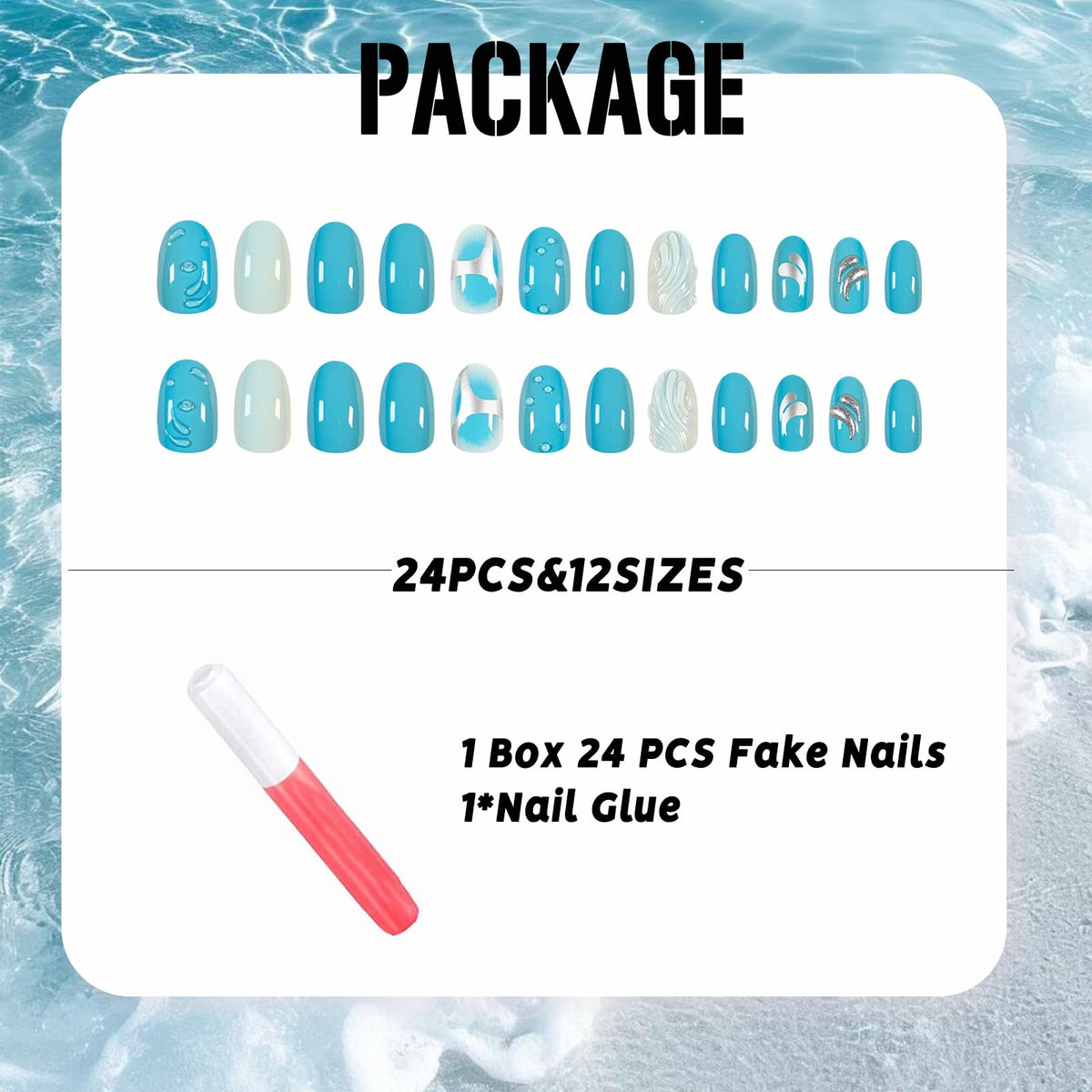 IMSOHOT Press on Nails Short Oval Fake Nails Blue Round False Nails Glossy Acrylic Nail Supplies Full Cover Glue Stick on Nails for Women Girls Manicure Decoration Summer Cute DIY Nail Art