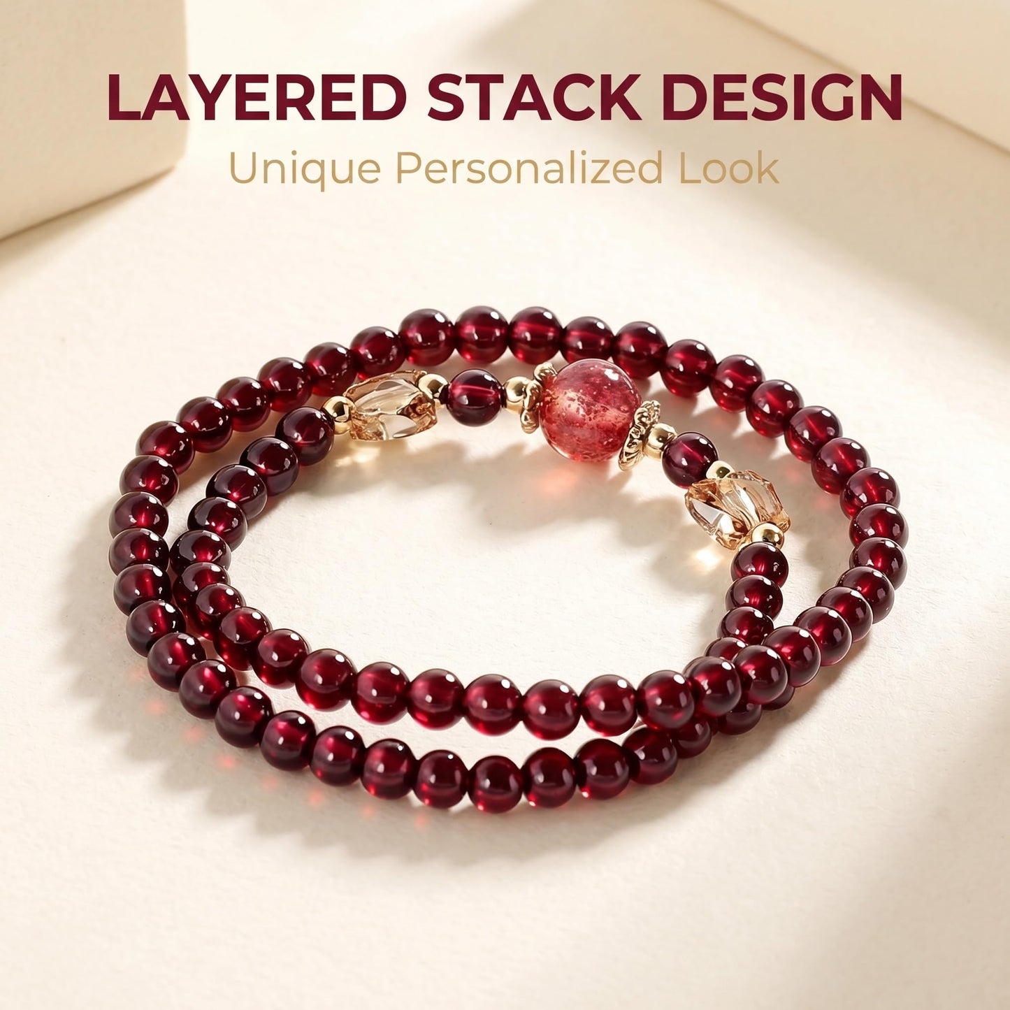 CNYTPE Garnet Bracelet for Women – Red Garnet Jewelry, Healing Crystal Bracelet, Handmade Gemstone Jewelry, Symbol of Love, Happiness & Harmony (4.5mm Garnet & Strawberry Quartz)