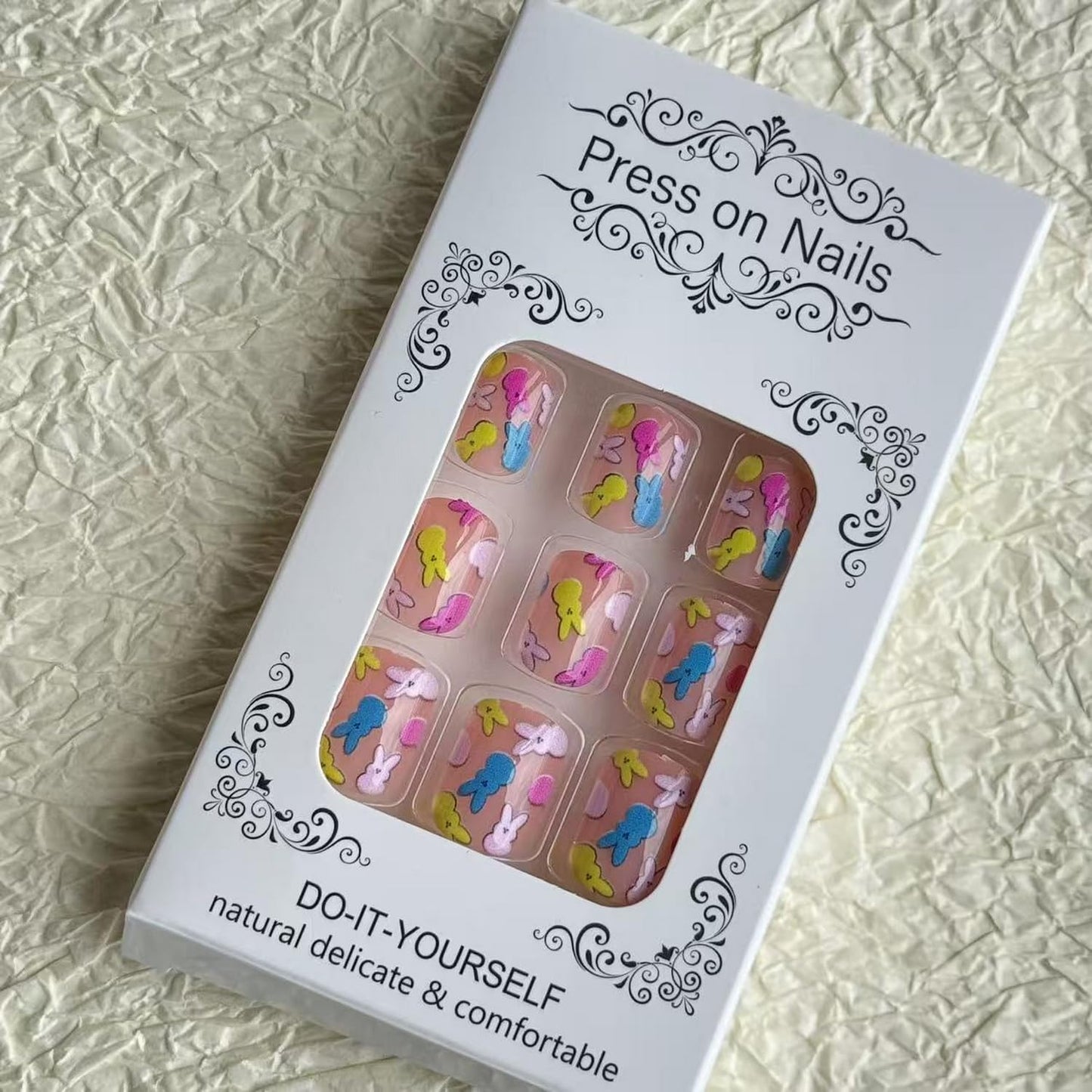 24pcs Easter Press on Nail Short Square Fake Nails Cute False Nails with Funny Bunny designs Colorful Stick on Nail Glossy Nude Pink Press ones Full Cover Reusable Glue on Nails for Women Girls