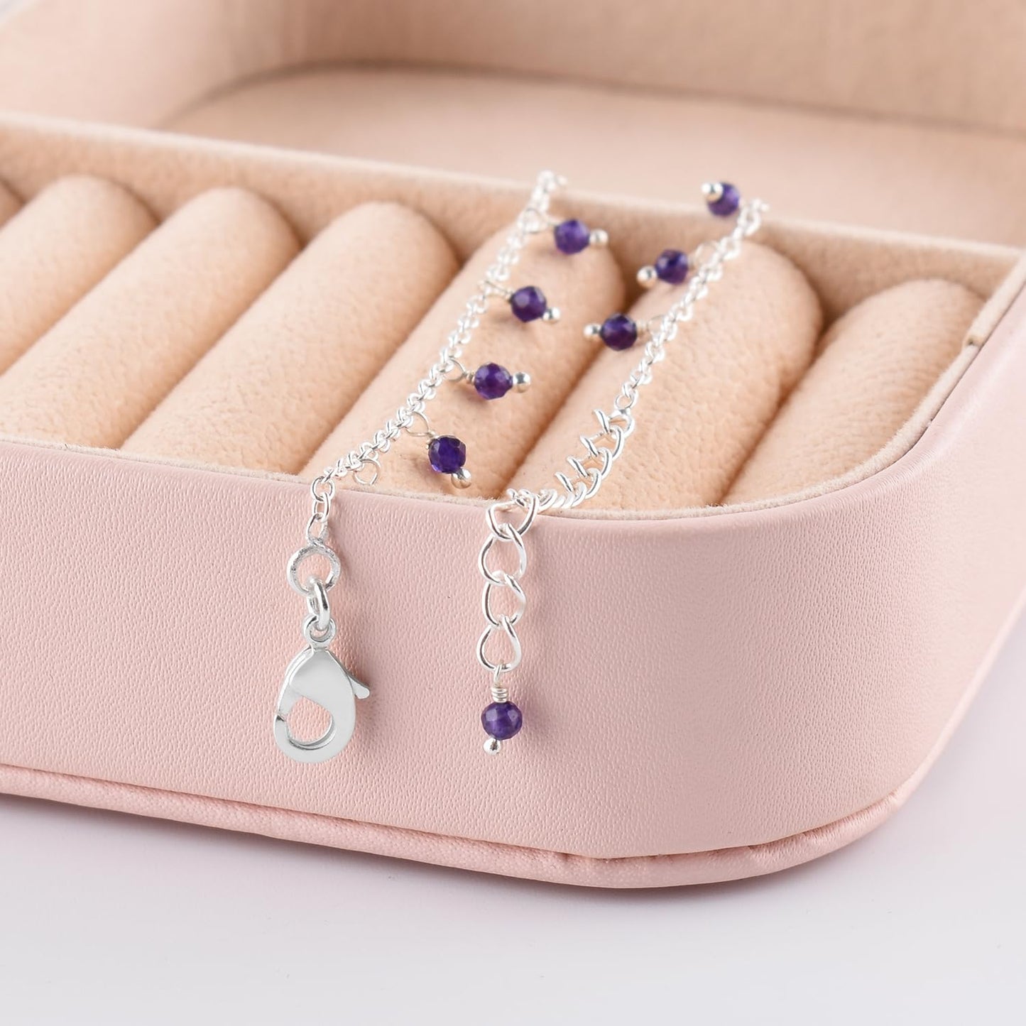 Yanara Amethyst Ankle Bracelets for Women, Natural Purple February Birthstone Silver Plated Jewelry 8.5”+1.5” inch Adjustable Chain, Chakra Crystals and Gemstones, Dainty Minimalist Birthday Gifts for Women