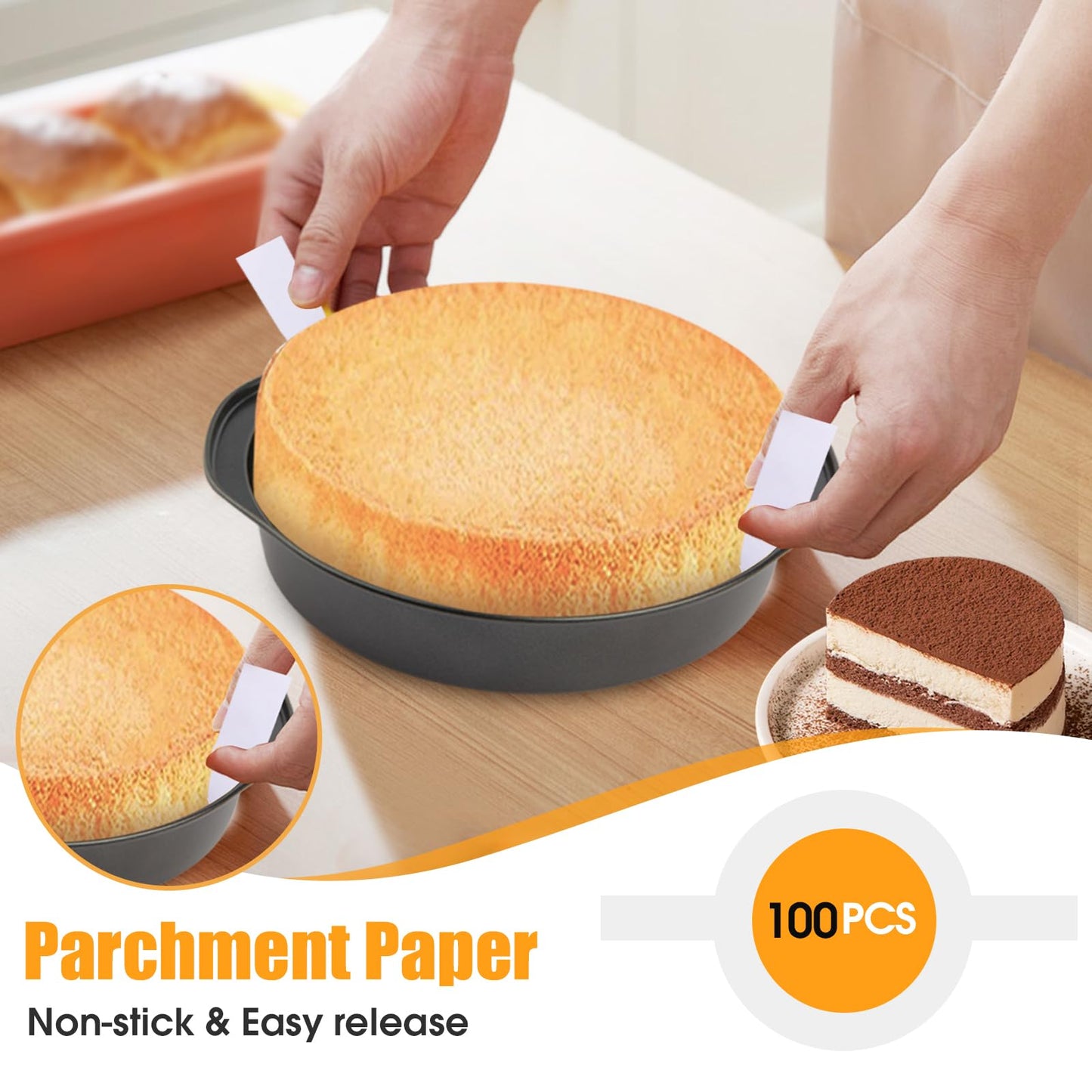 tutikuki 8" Round Cake Pan, 3PCS Nonstick Cake Pans with 100 PCS Parchment Paper, Carbon Steel Cake Baking Pans with Handle, Dishwasher Safe
