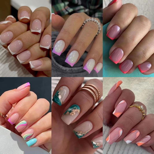 CTTHNBD 6 Packs (144 Pcs) Press on Nails Square, French Tip Press on Nails Short, Medium - Fake Nails Kit for Women 12 Sizes - 6 Styles