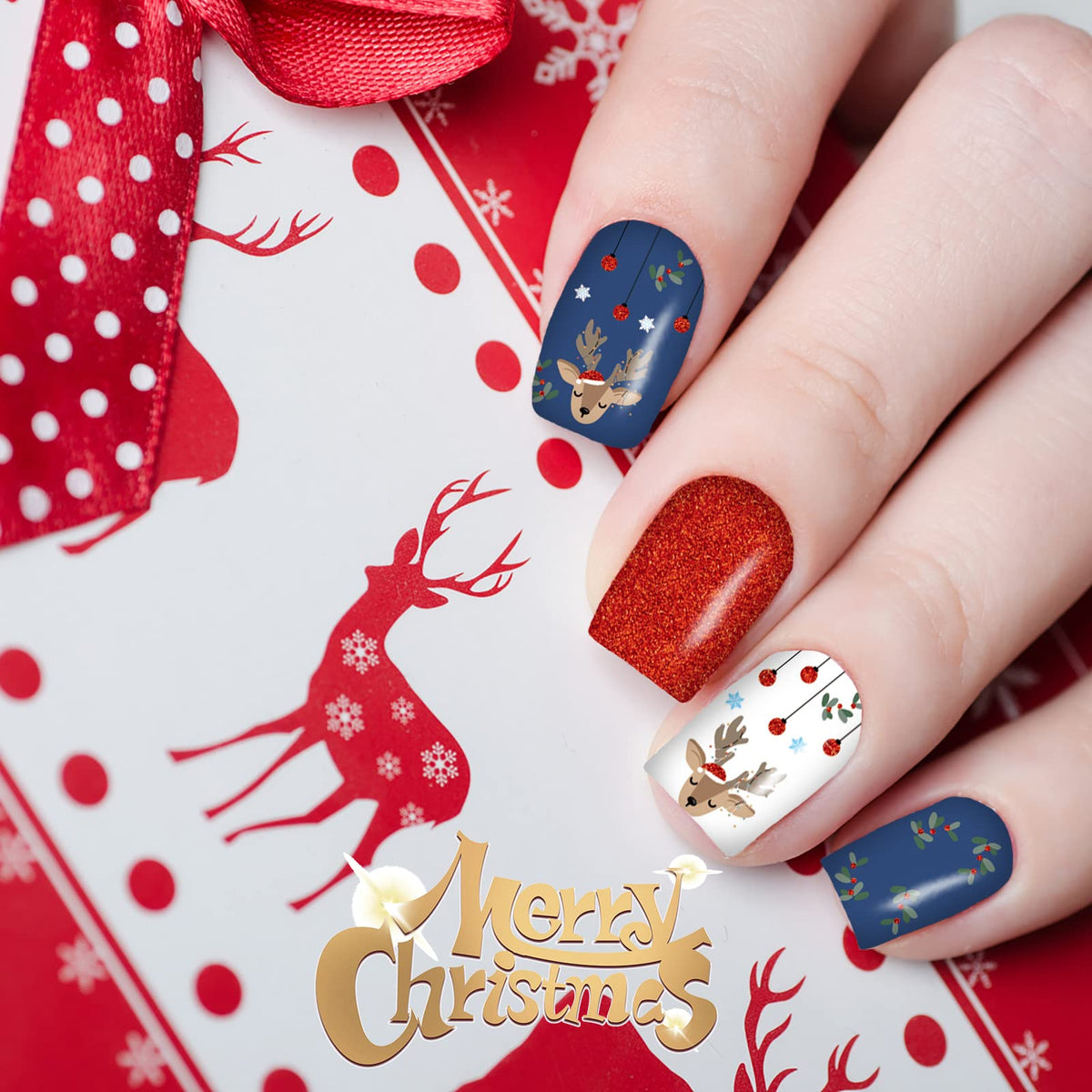 12 Sheets Christmas Nail Wraps Full Stickers Nail Polish Strips, DIY Self-Adhesive Nail Art Glitter Decals Santa Claus Reindeer Xmas Hat Pattern with 2 Piece Nail Files for Party Decor (168 Pieces)