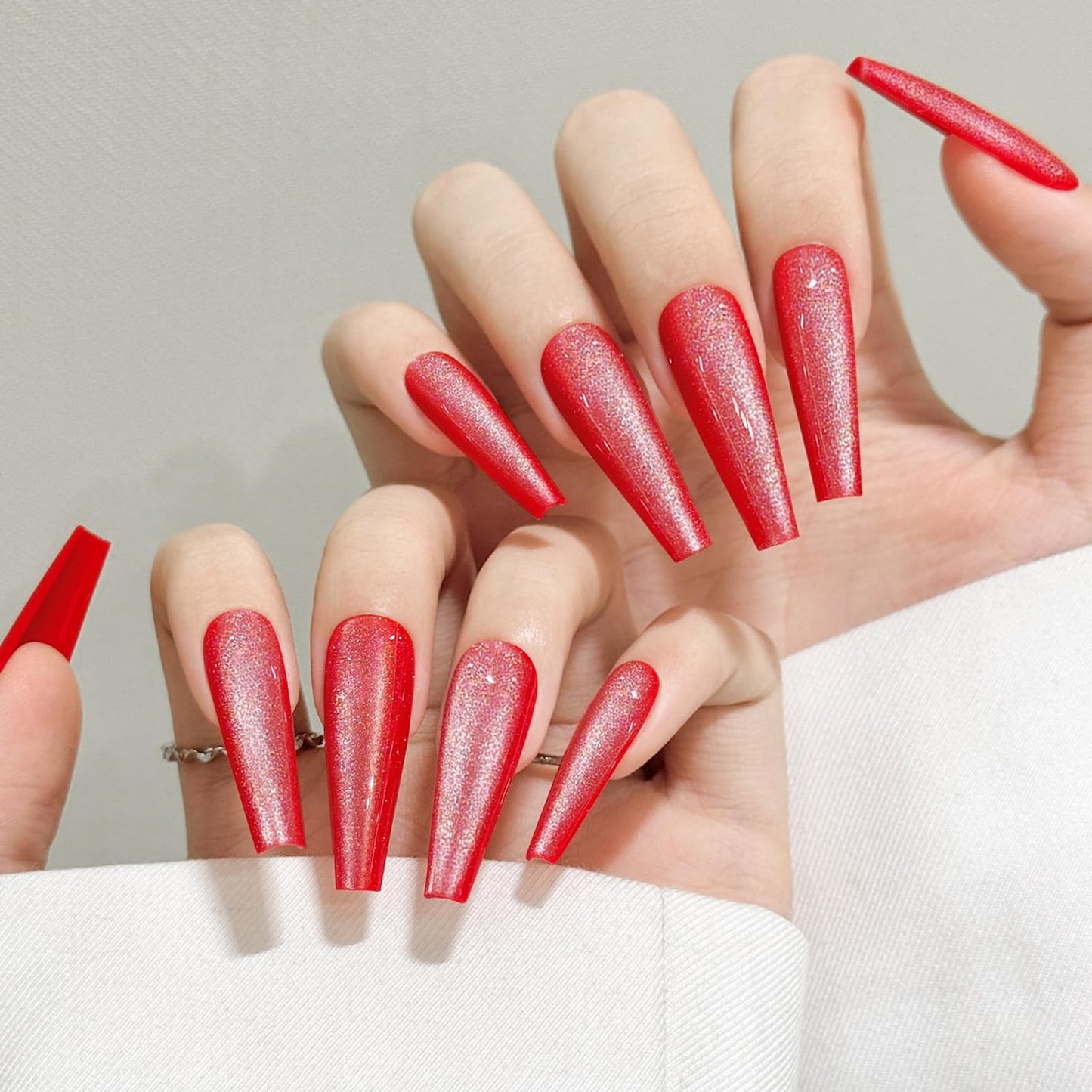 Dark Red Cat Eyes Press On Nails,12 Sizes-24 Pcs Soft Gel Red Long Coffin Fake Nails Kit with Nail Glue, Natural Reusable Stick On False Nails for Women and Girls SK1047