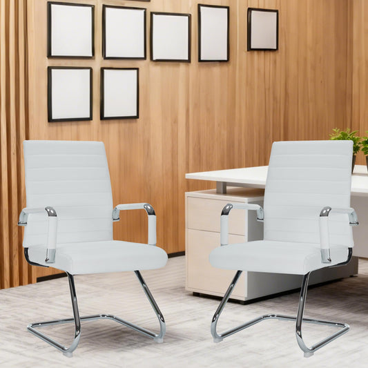 Sidanli Desk Chair No Wheels, Leather Guest Chair with Mid Back Ergonomic Support & Sled Base for Office Reception Conference Room, 2 Pack, White