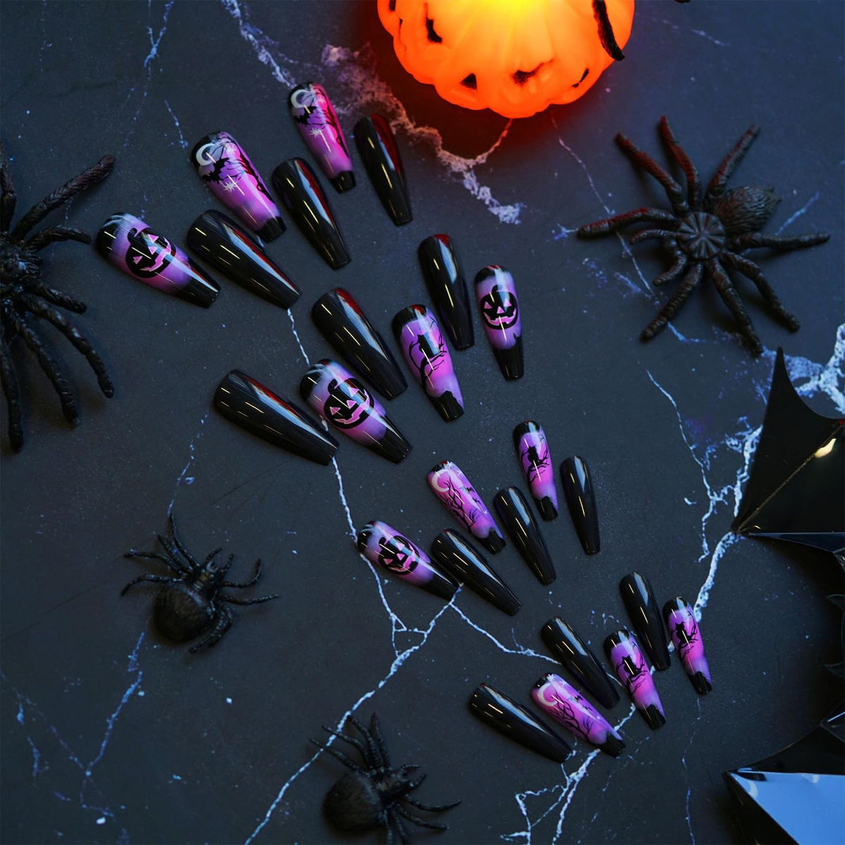 IMSOHOT Press on Nails Long Coffin Fake Nails Black Purple Ombre Glossy Full Cover Ballerina Acrylic False Nails with Pumpkins Designs for Women 24Pcs Stick on Nails
