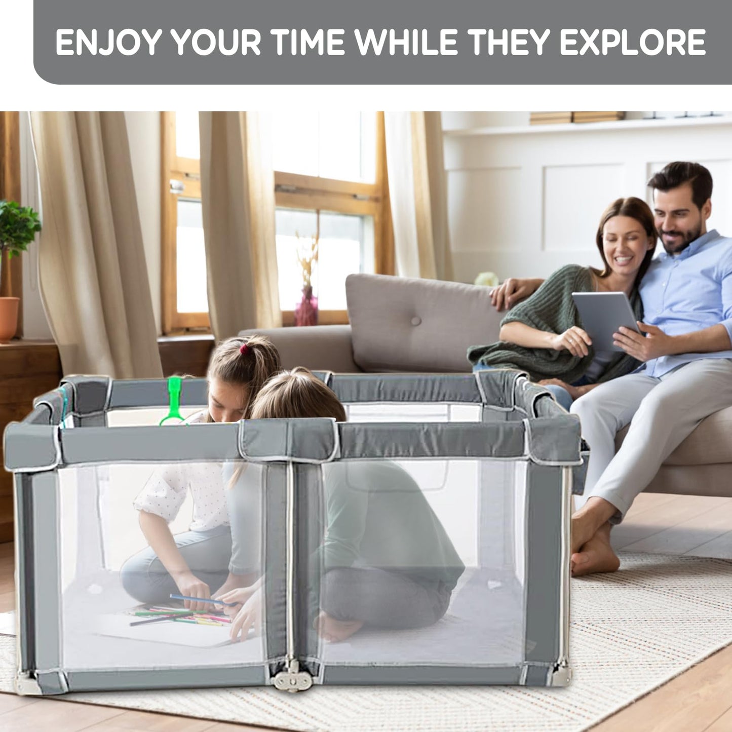CAPAKIDS Foldable Baby Playpen 59"×71" with Mat, Out-of-The-Box Ready Playpen for Babies and Toddlers, Portable Play Yard with Breathable Mesh & Gates, Storage Bag & 4 Handlers for Indoor & Outdoor