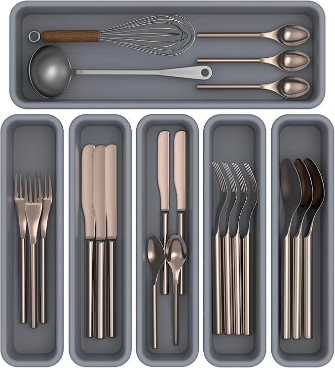 6 Pack Silicone Drawer Organizer for Kitchen, DIY Free Combination Silverware Organizer, Utensil Drawer Organizer, Moisture-proof and Heat-resistant up to 200Â°C, Anti-slip Design (Grey)