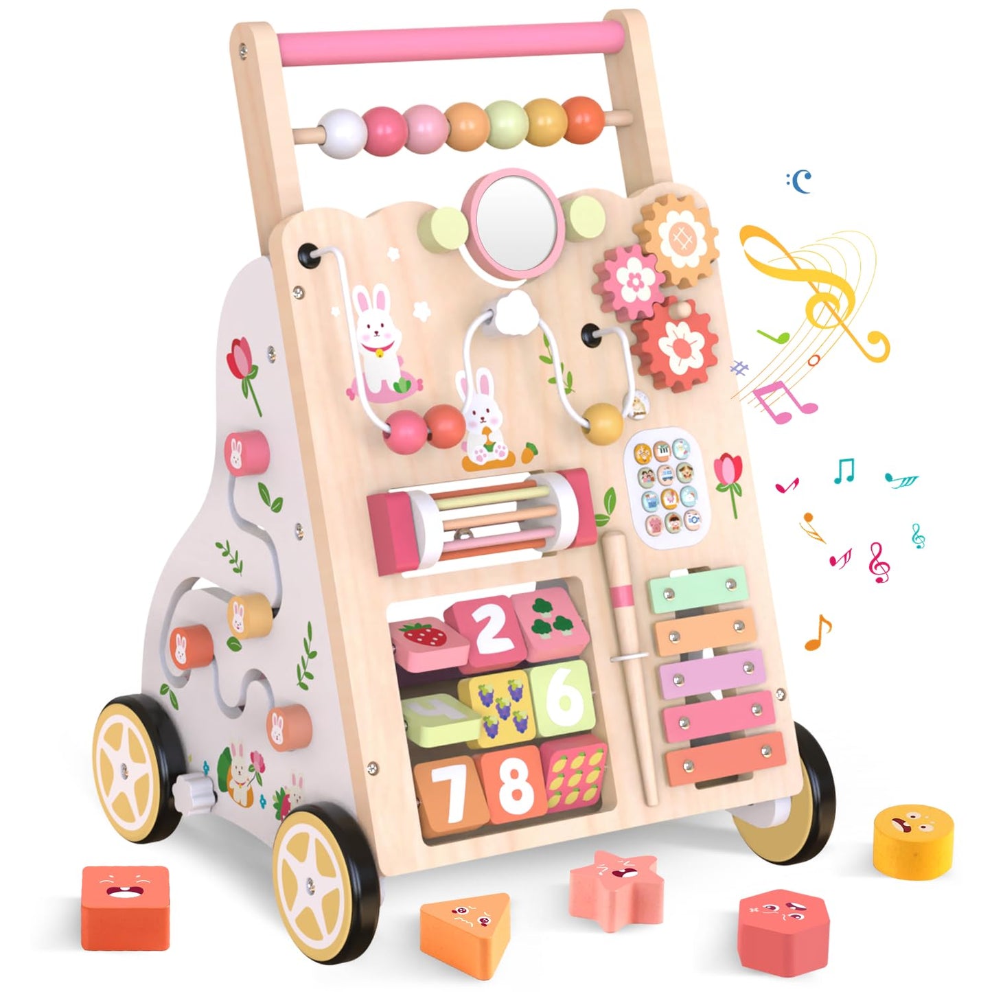 Wooden Baby Walker, Push Walker with Wheels, Montessori Activity Center Walker for Toddlers 12+ Months, Adjustable Height & Speed Learning Walking Toy for 1 Year Old Boys and Girls (Pink)