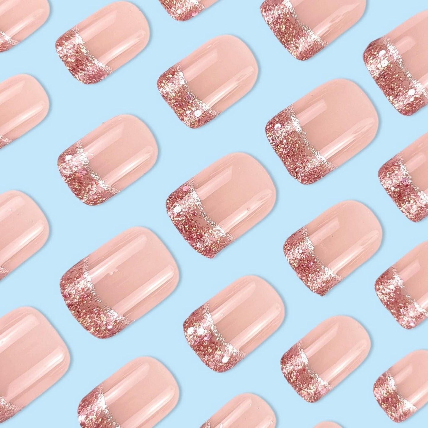 Pink French Tip Press on Nails Short Square MABKJLF Fake Nails False Nails with Glitter Designs Full Cover Glossy Glue on Nails Acrylic Nails for Women Girls 24Pcs