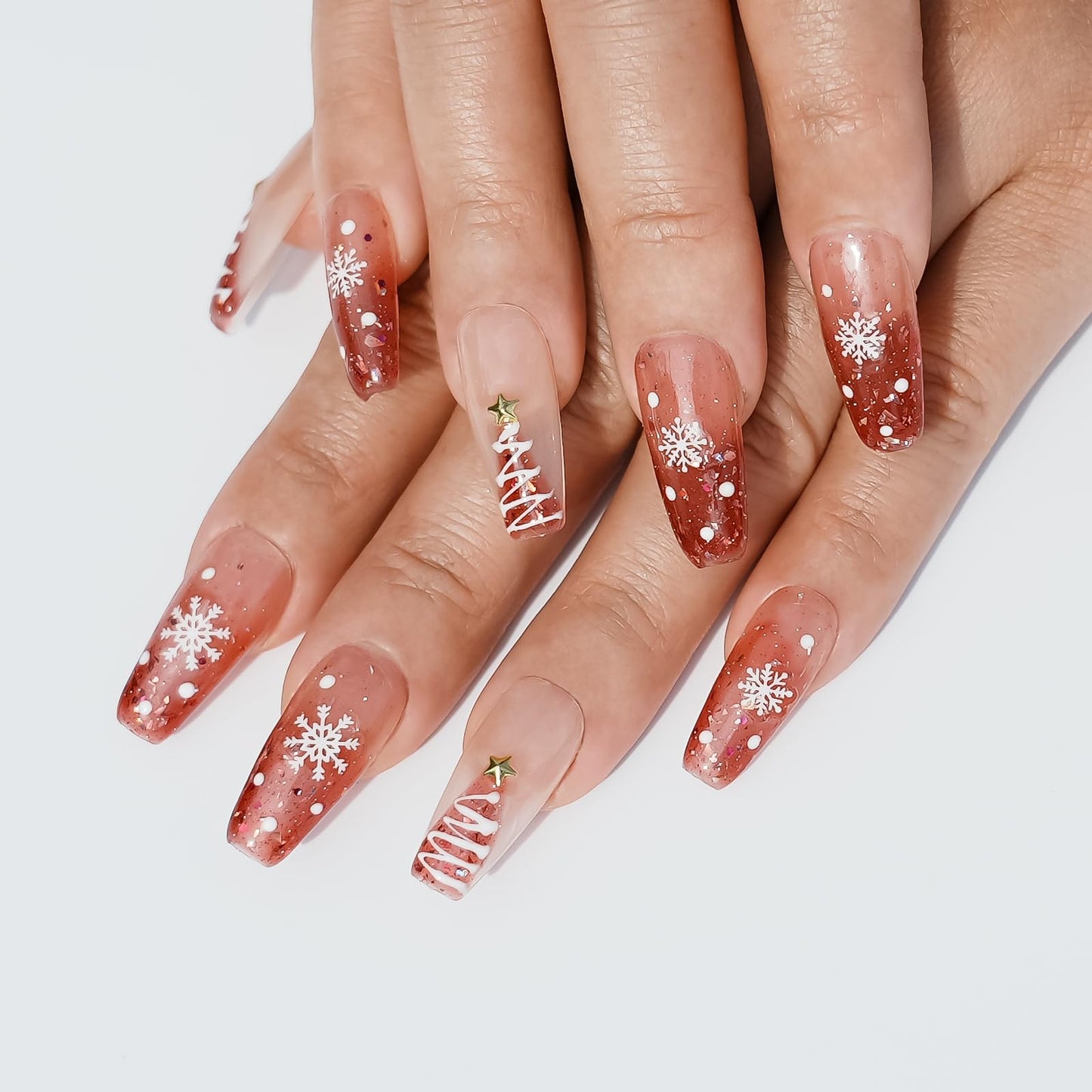 Tesytto Handmade Pink Gradient Press on Nails Short Coffin - Luxury Glossy Glitter Fake Nails with Pearl Star Designs, Reusable Sweet Short Nails for Women (Festive Dream,M)