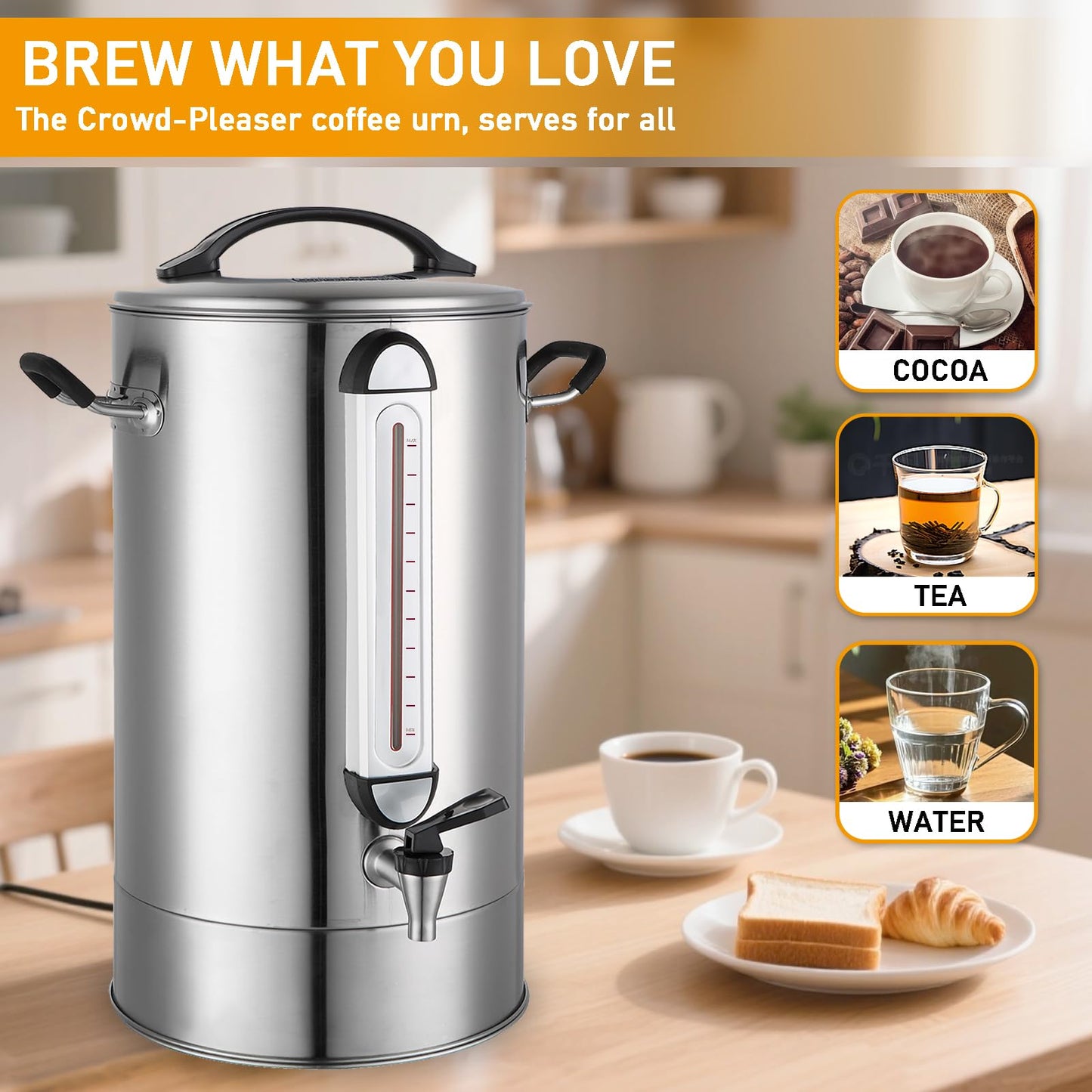 Fattong's Lab Commercial Coffee Urn, 120 Cup Large Coffee Maker for Catering & Events, 20L Stainless Steel Percolator, 1300W Fast Brew Hot Water Dispenser with Double Wall Insulation, Silver
