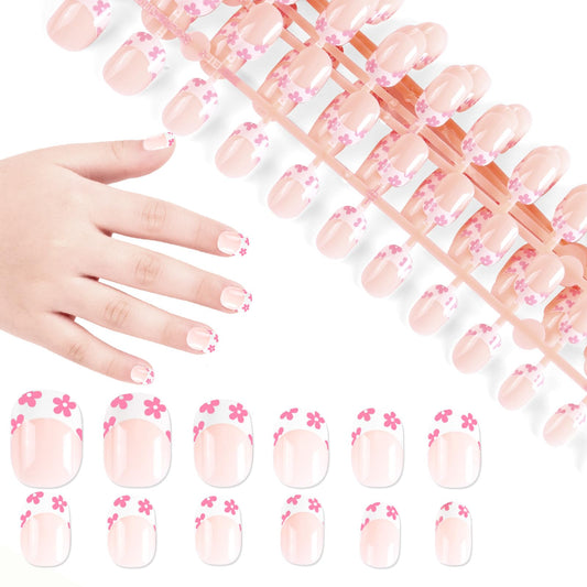SIUSIO 120pcs 5 Pack Children Acrylic Fake Nails Press on Full Cover Short False Nail Art Kits Set Surprise Gift for Kids Little Girls Women - Pink Flowers