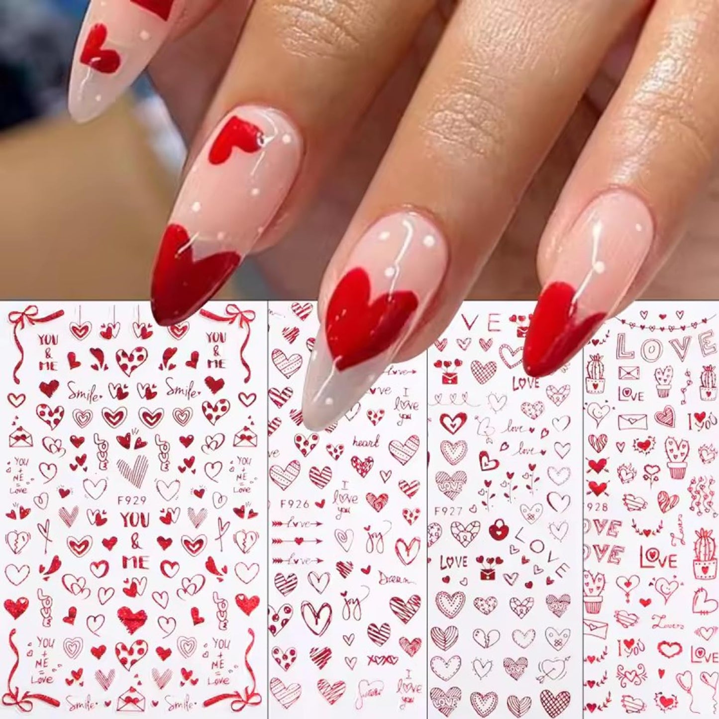 4Pcs Red Valentine's Day Nail Art Stickers - Love Heart Nail Decals, 3D Self-Adhesive Laser Red Hollow Hearts Glitter Designs for DIY 3D Nail Supplies Decoration Romantic DIY Manicure Accessories