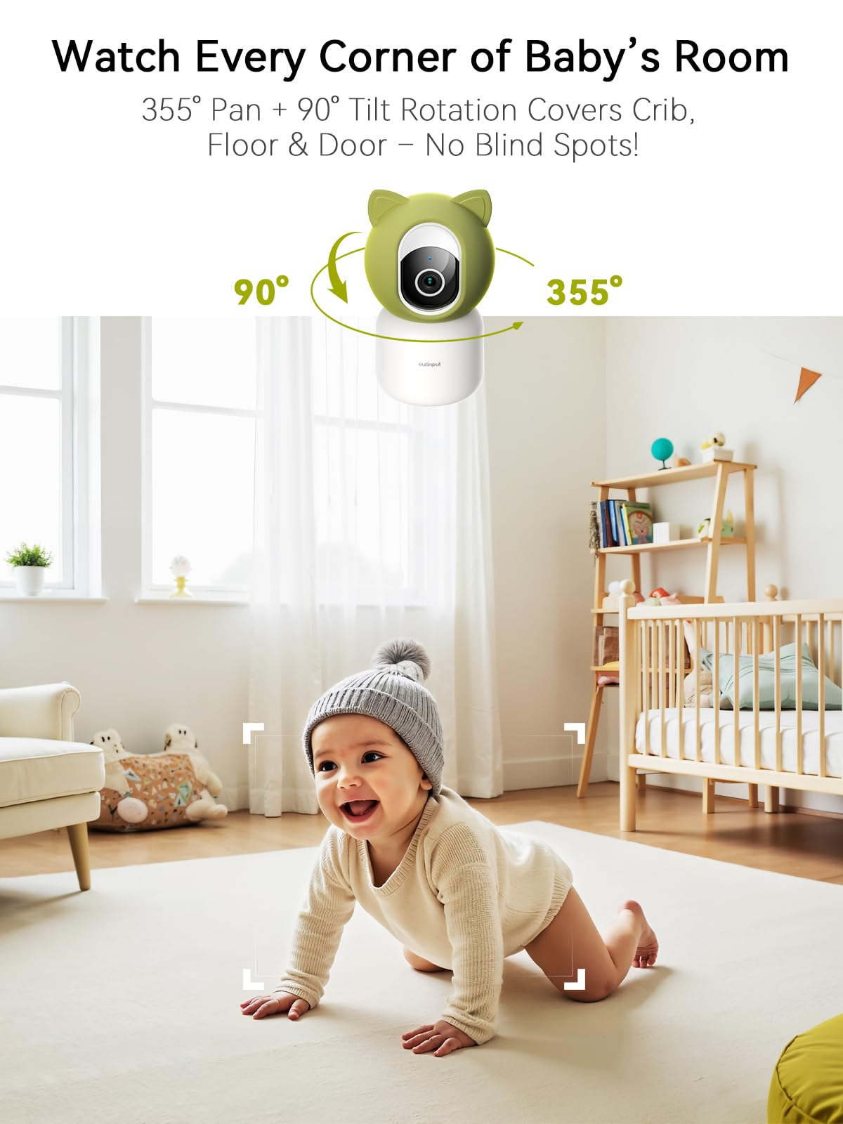 Outinput 2K 4MP WiFi Baby Monitor with Camera and Audio, App Control PTZ, Crying/Feeding/Temp/Humidity Alerts, Night Vision wtih Gentle Light, Soothing Lullabies for Baby Sleep, Cloud&Local Storage