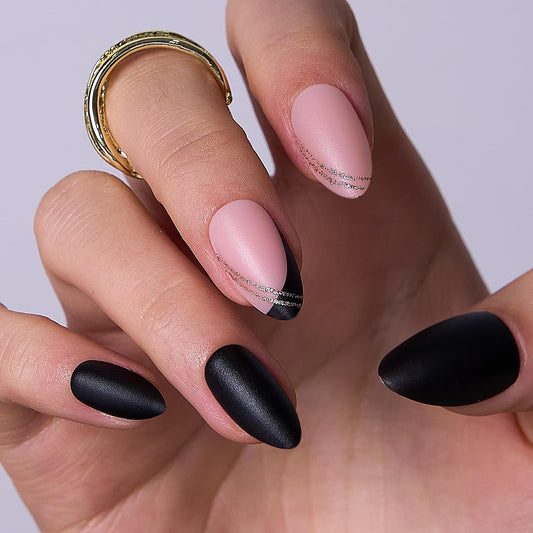 Curvlife Press On Nails Medium Almond - Black Gold French Tip Press on Nails with Glue, Medium Length Matte Black with Gold Line Border False Nails Kit for Women